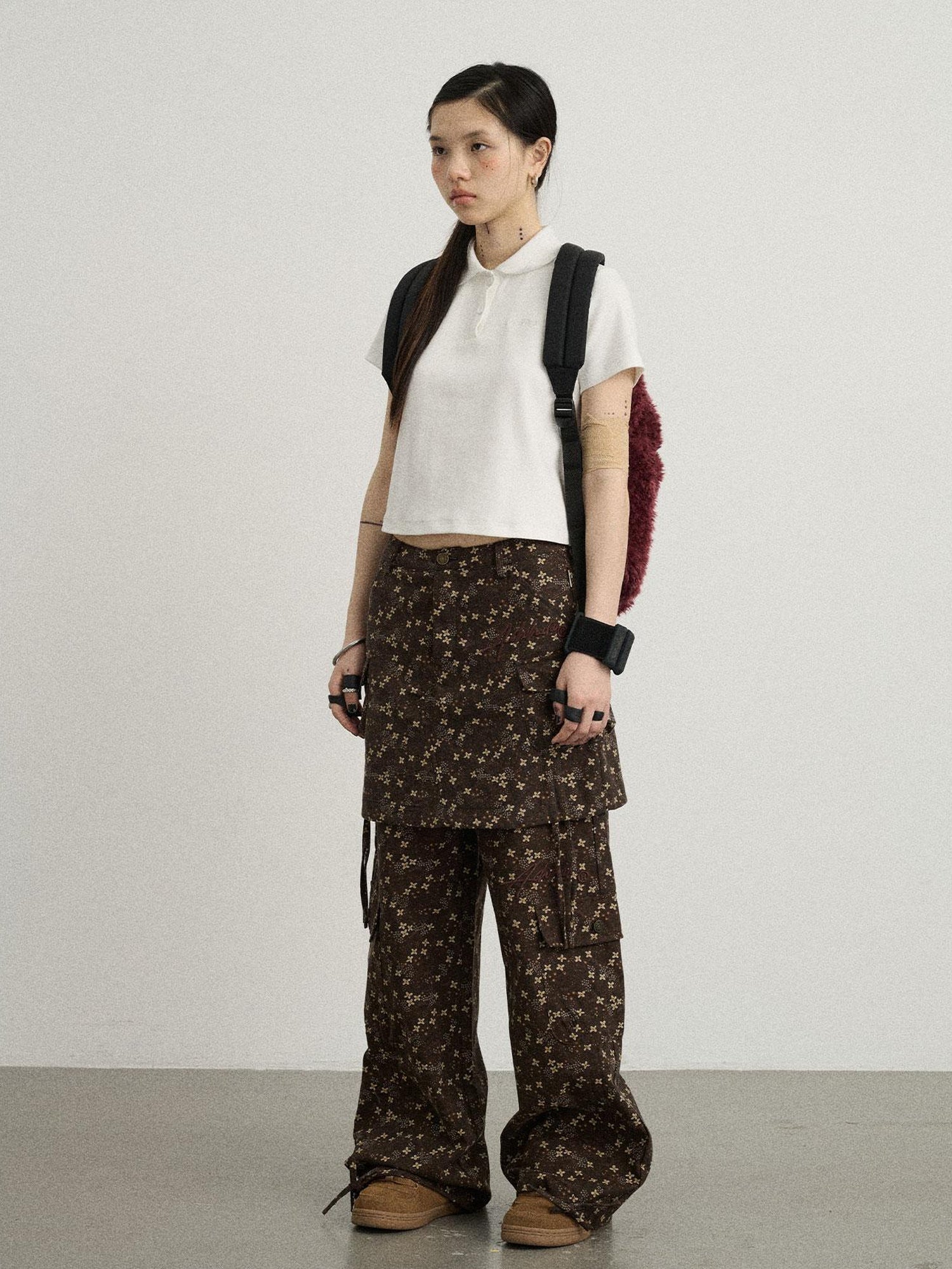 Achihara Chocolate Floral Print Wide Leg Trousers With Adjustable Hem