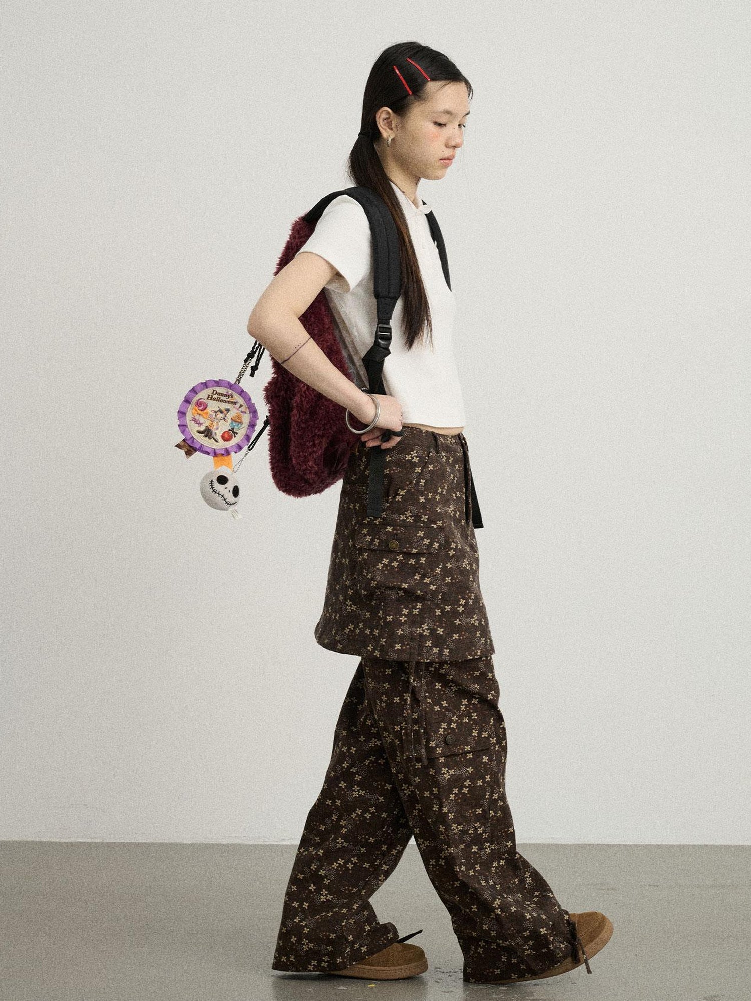 Achihara Chocolate Floral Print Wide Leg Trousers With Adjustable Hem