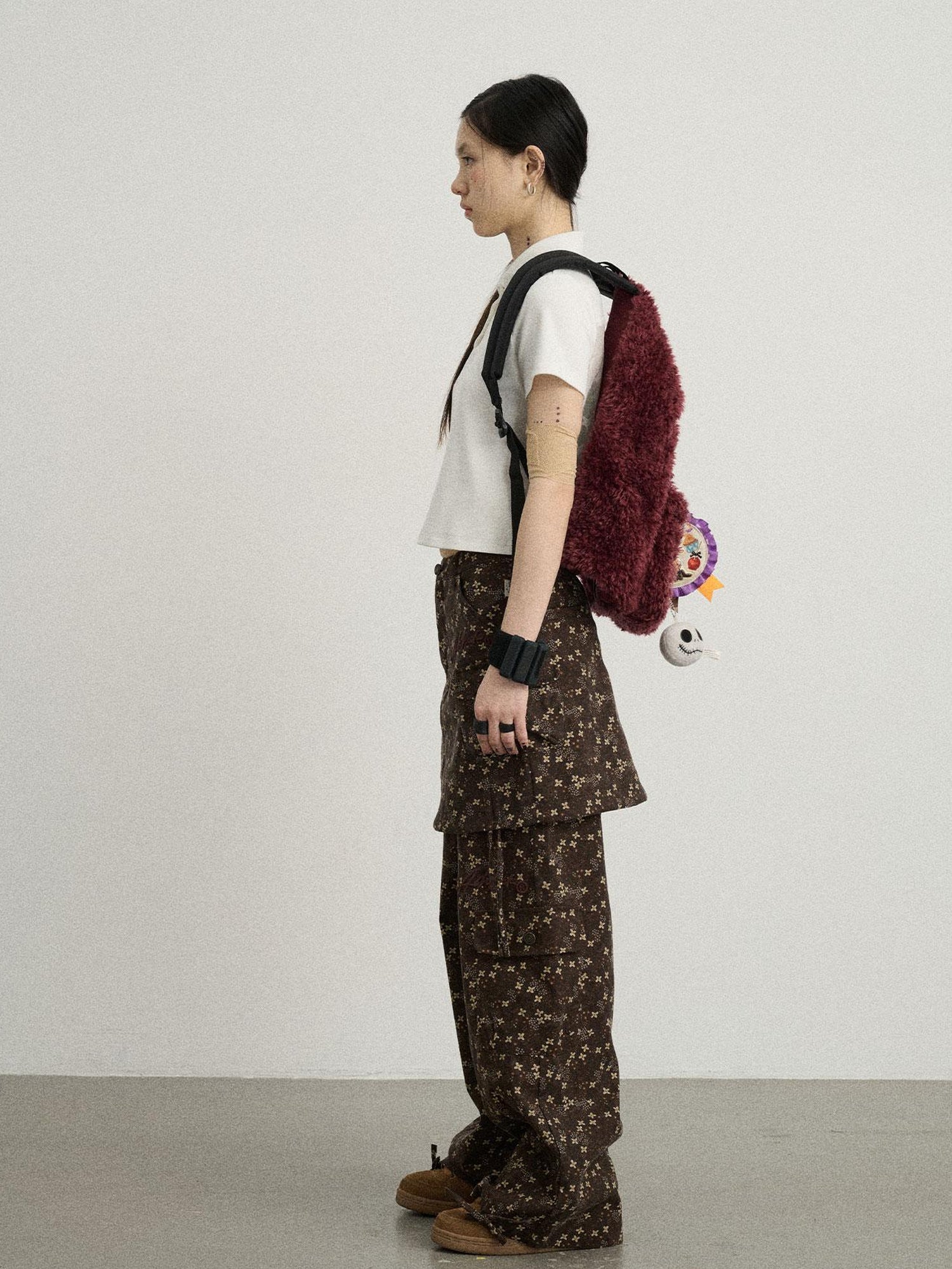 Achihara Chocolate Floral Print Wide Leg Trousers With Adjustable Hem