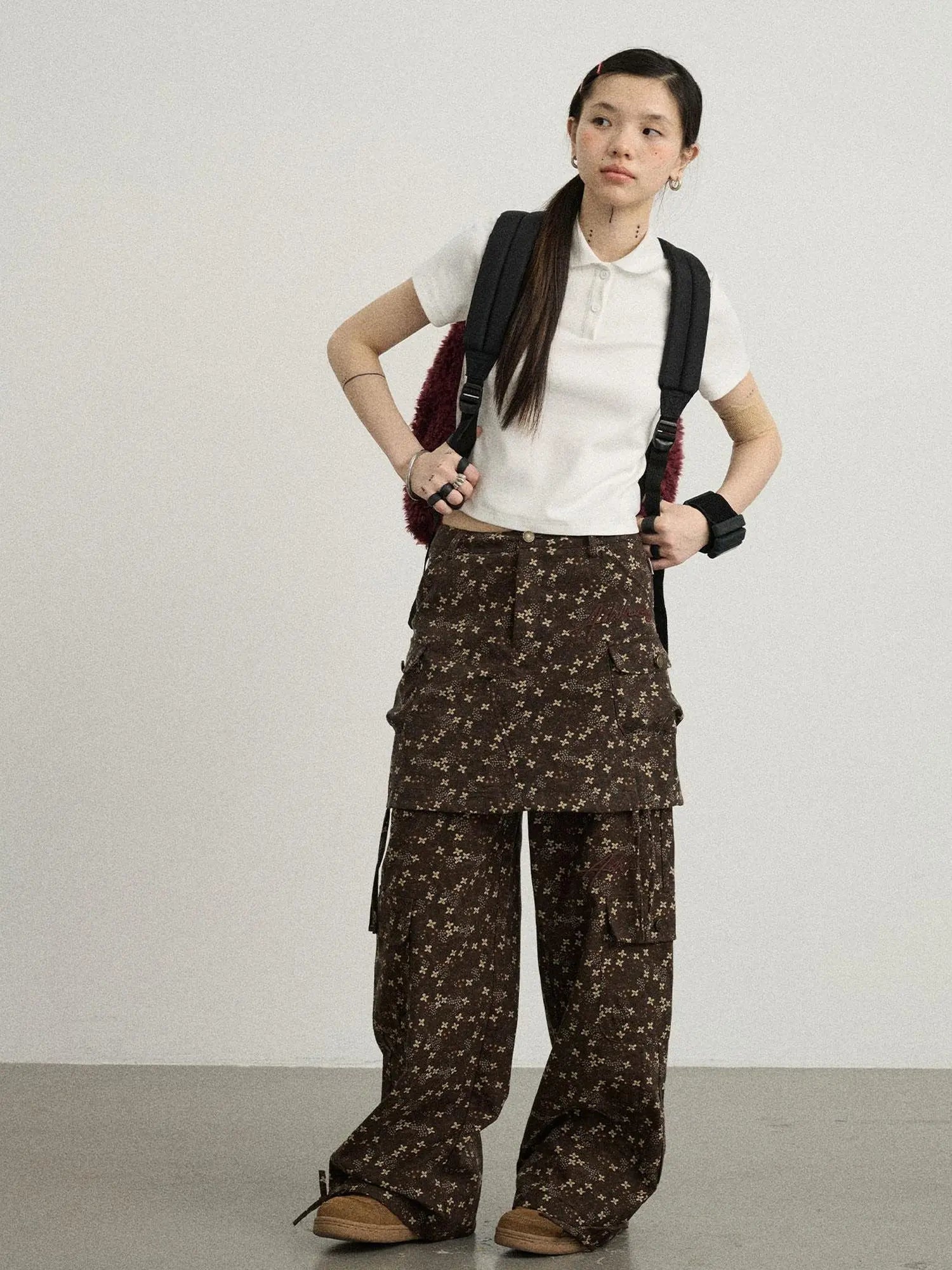 Chocolate Floral Print Wide Leg Trousers With Adjustable Hem