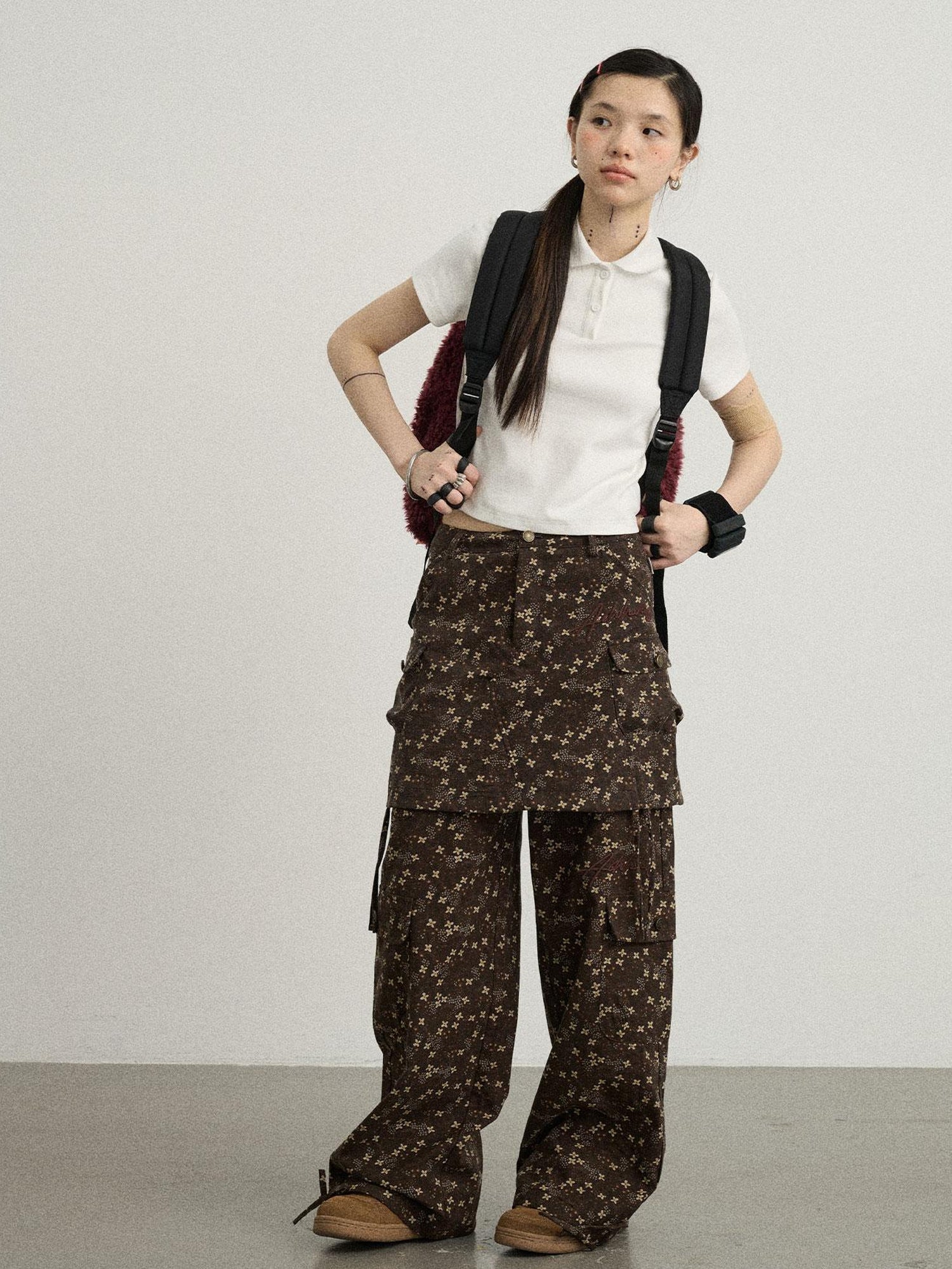 Achihara Chocolate Floral Print Wide Leg Trousers With Adjustable Hem