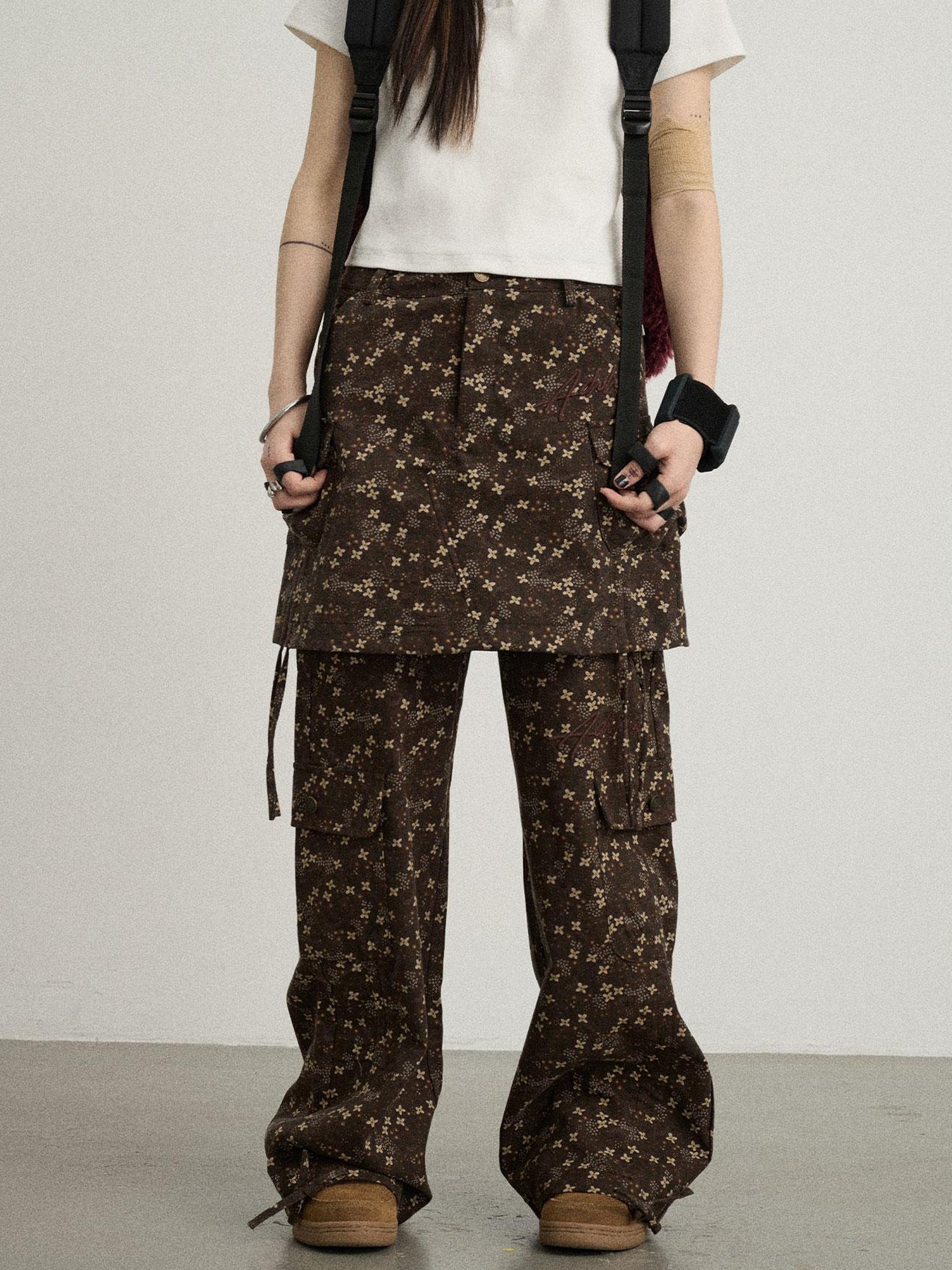Achihara Chocolate Floral Print Wide Leg Trousers With Adjustable Hem