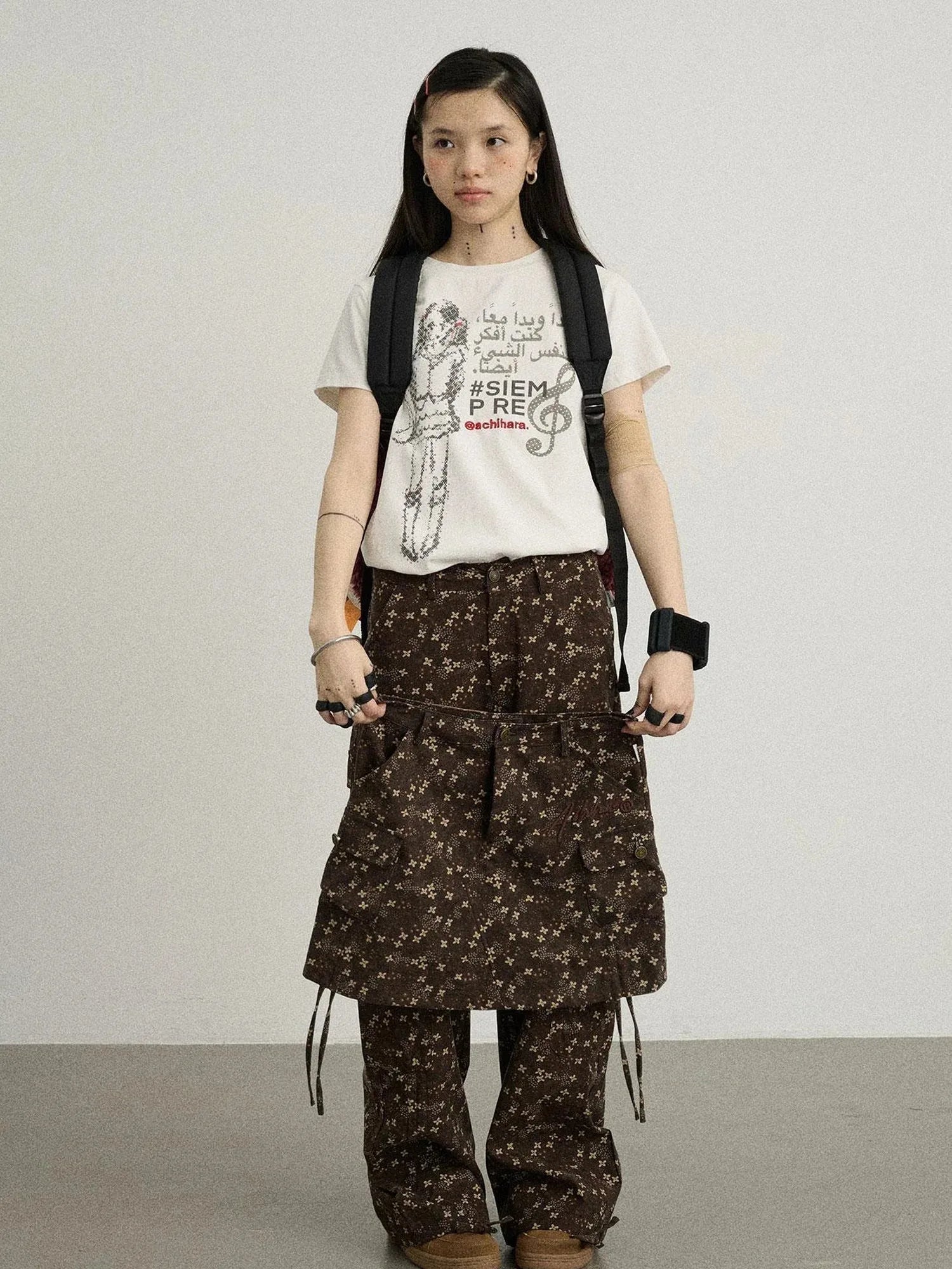 Chocolate Floral Print Wide Leg Trousers With Adjustable Hem