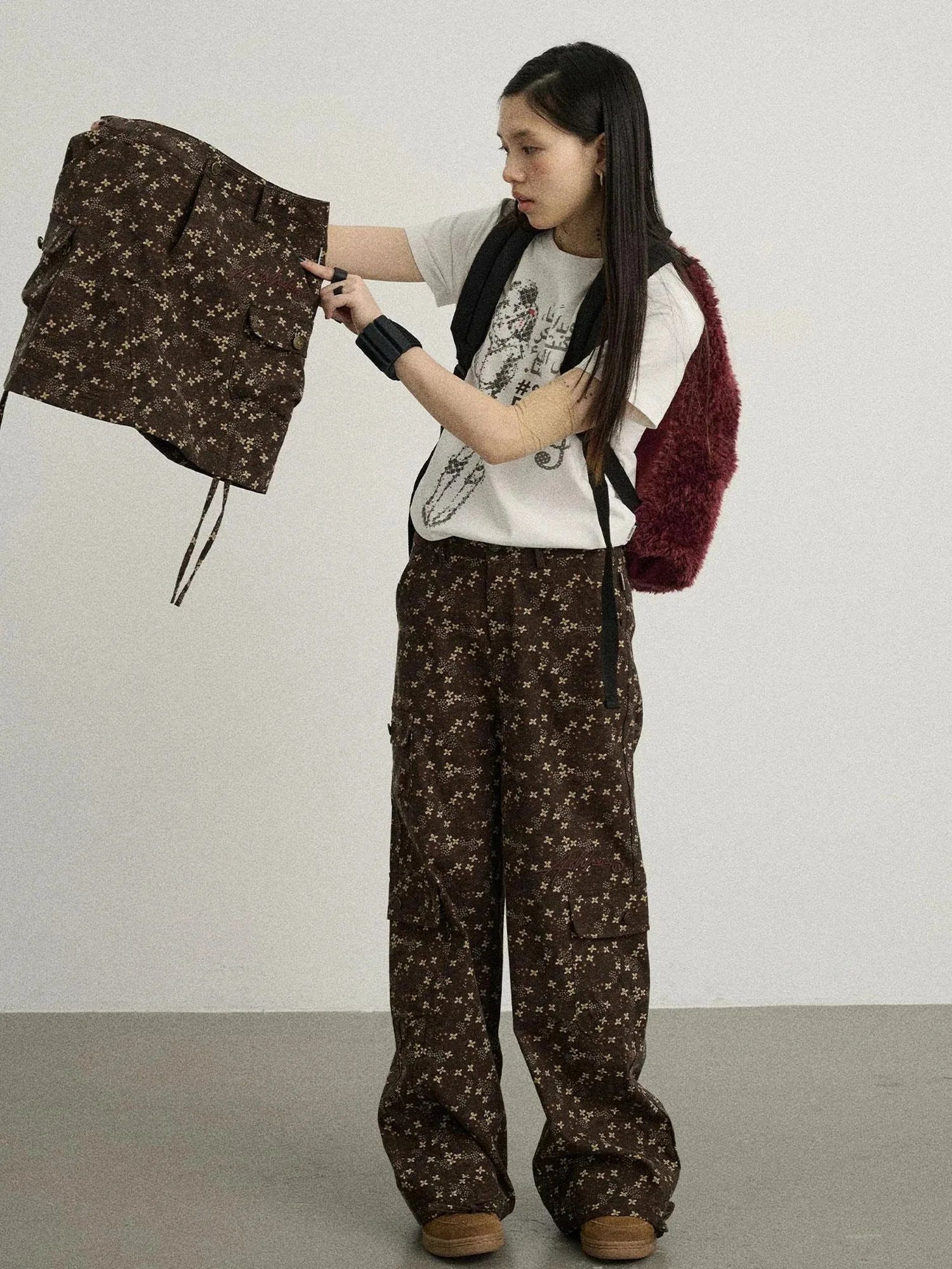 Chocolate Floral Print Wide Leg Trousers With Adjustable Hem