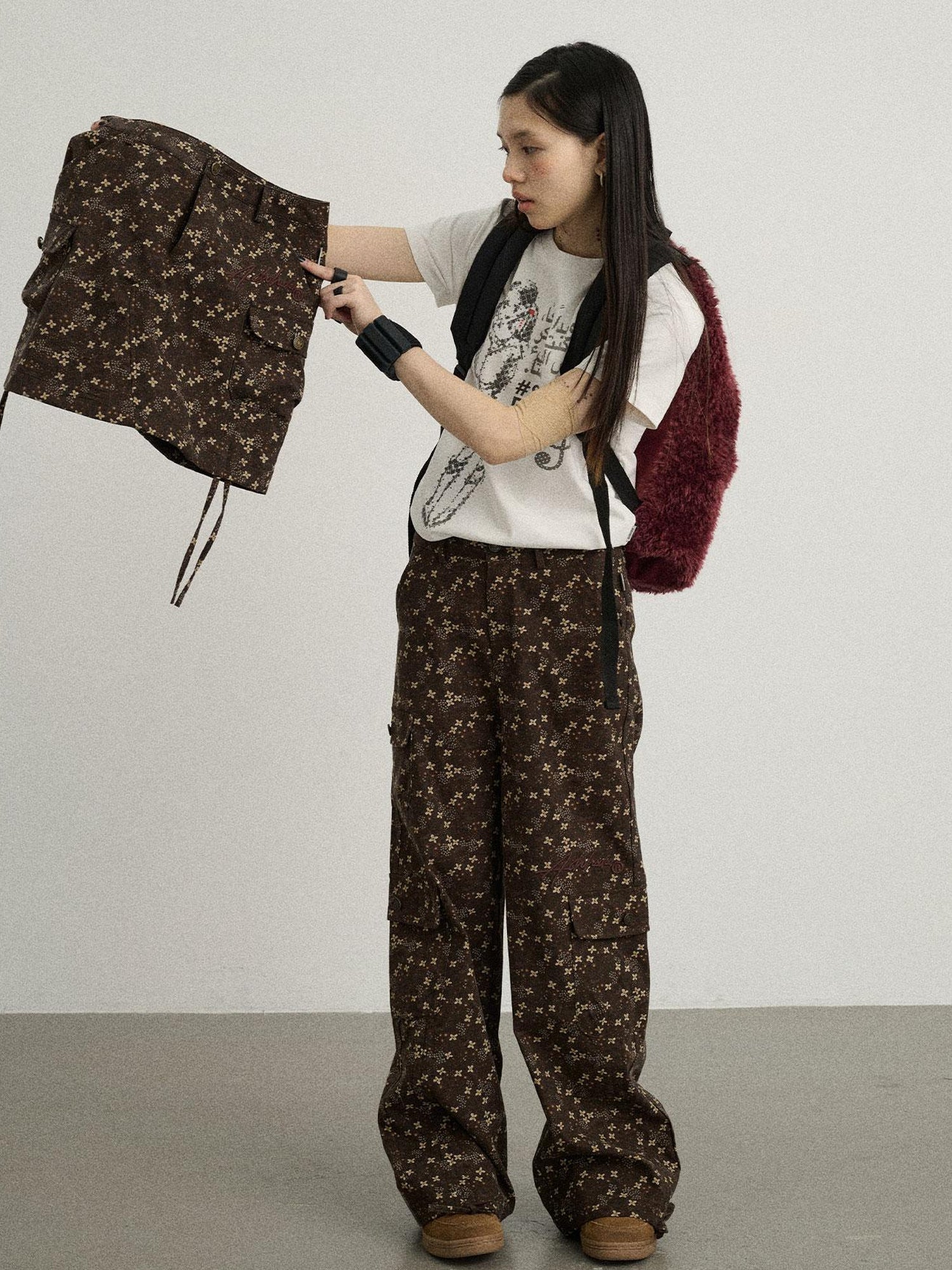 Achihara Chocolate Floral Print Wide Leg Trousers With Adjustable Hem