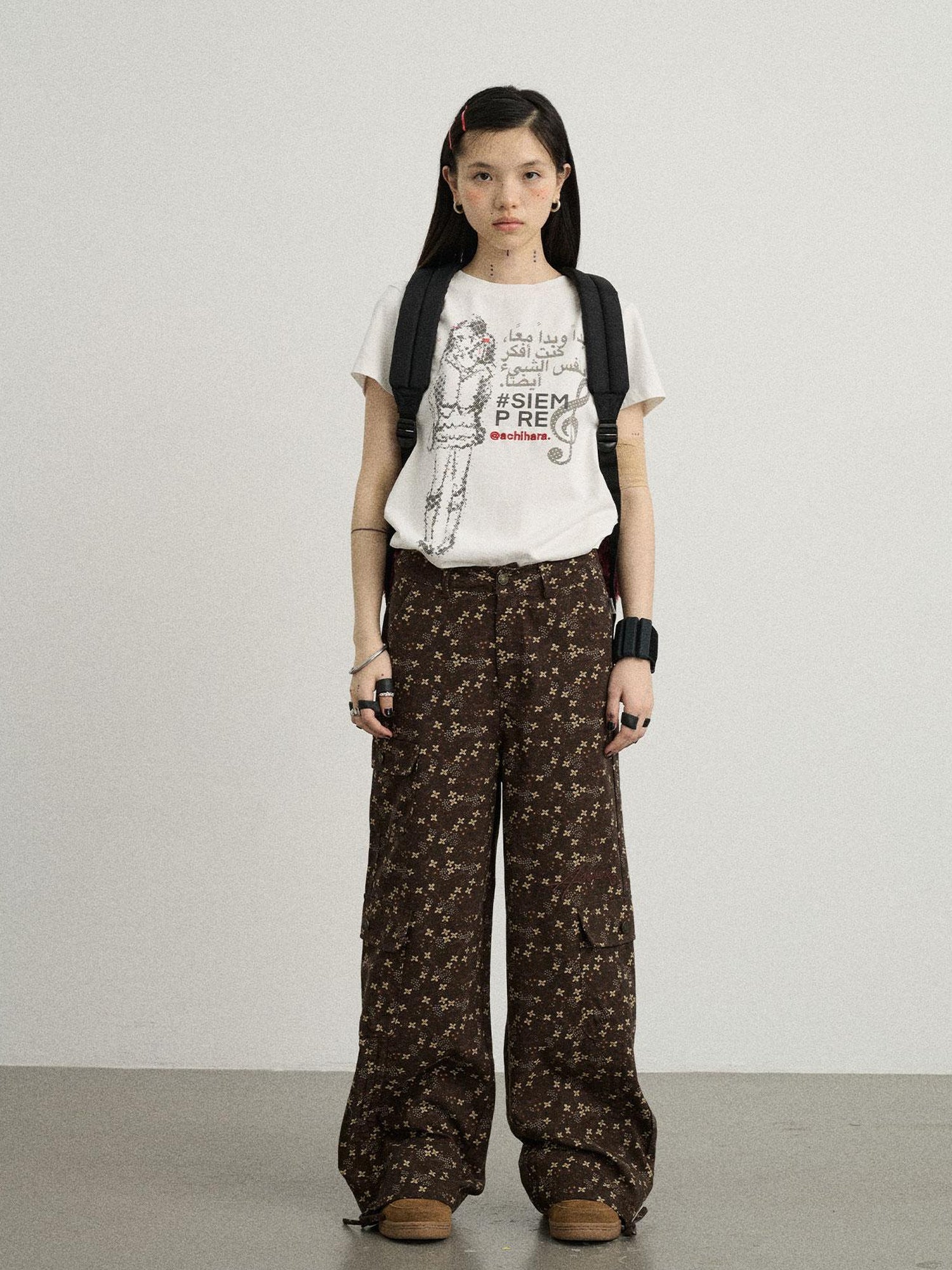 Achihara Chocolate Floral Print Wide Leg Trousers With Adjustable Hem