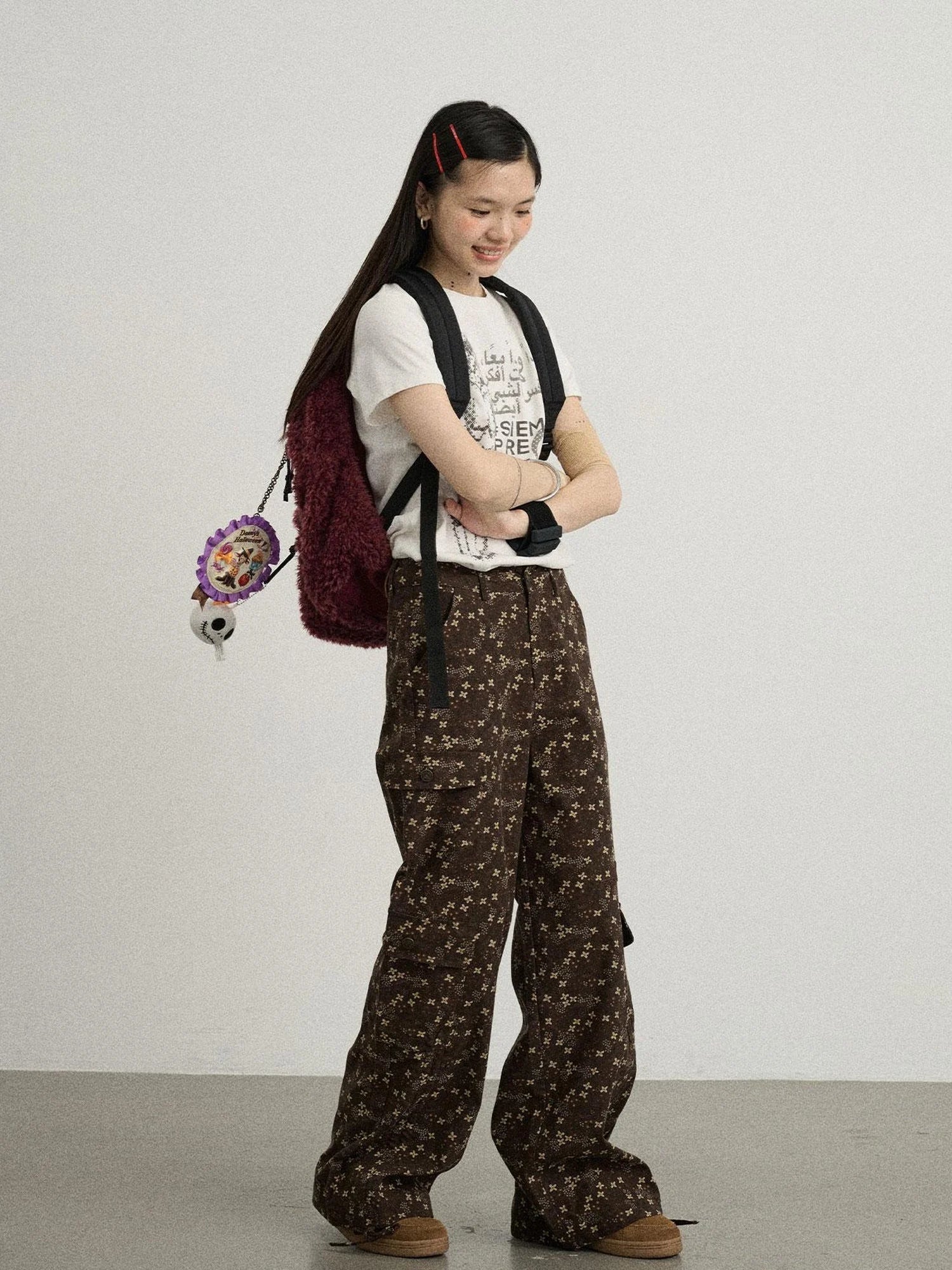 Chocolate Floral Print Wide Leg Trousers With Adjustable Hem