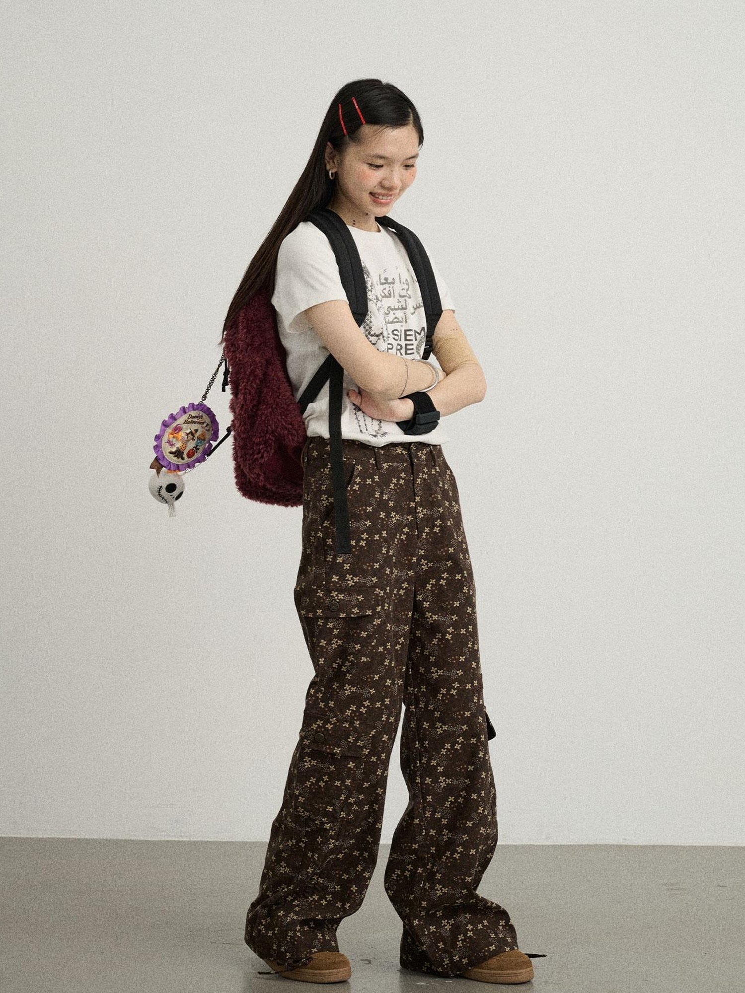 Achihara Chocolate Floral Print Wide Leg Trousers With Adjustable Hem