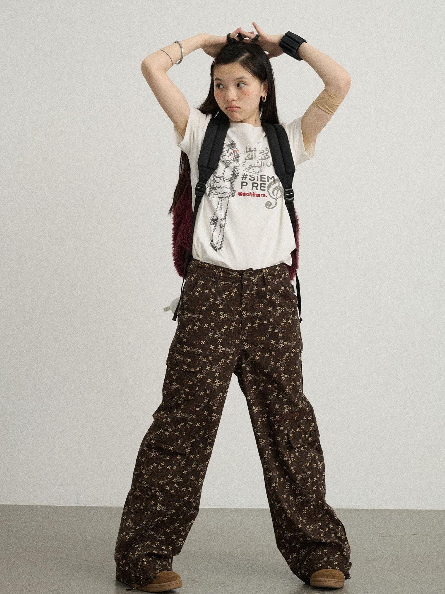 Achihara Chocolate Floral Print Wide Leg Trousers With Adjustable Hem