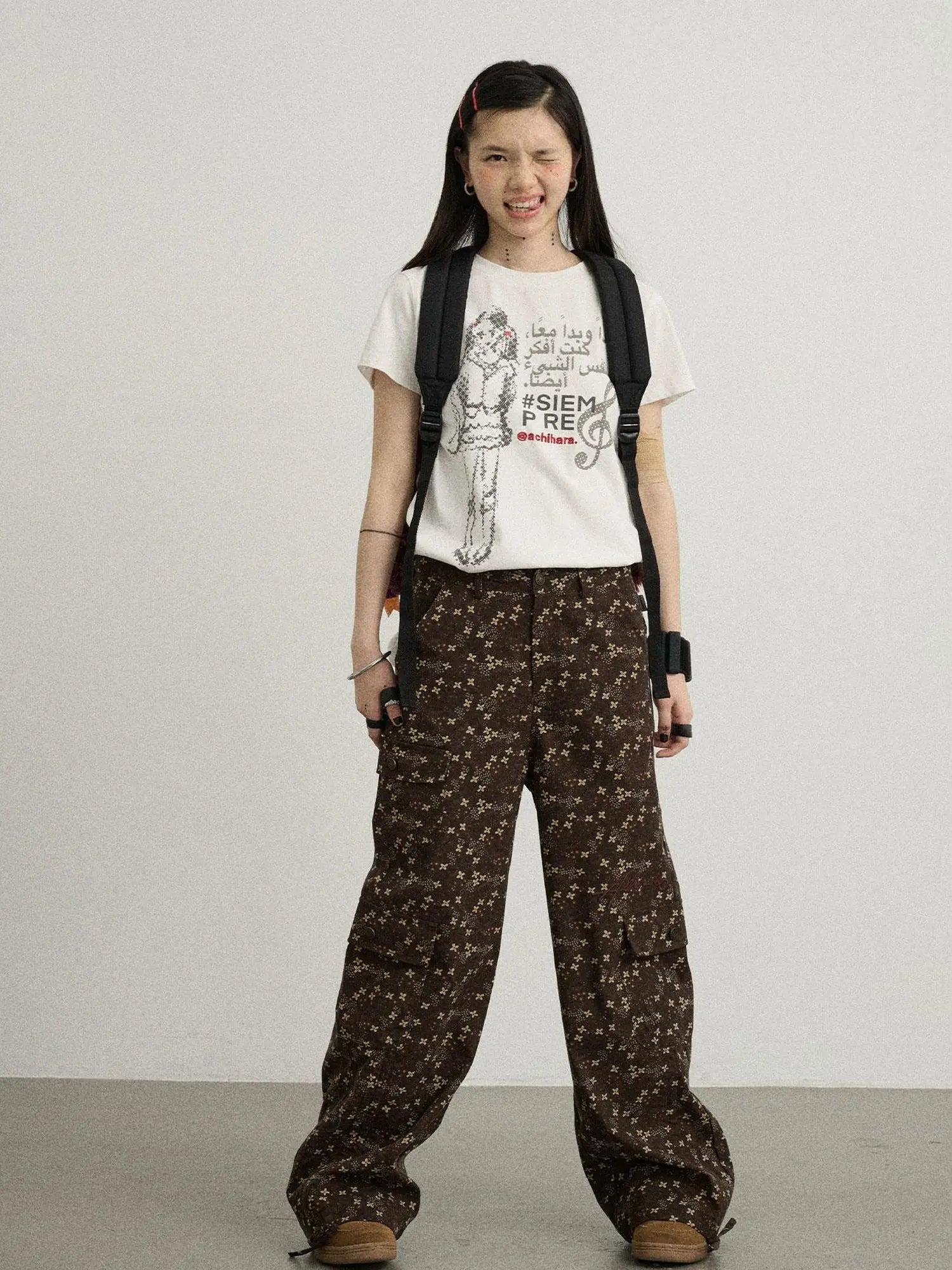 Chocolate Floral Print Wide Leg Trousers With Adjustable Hem