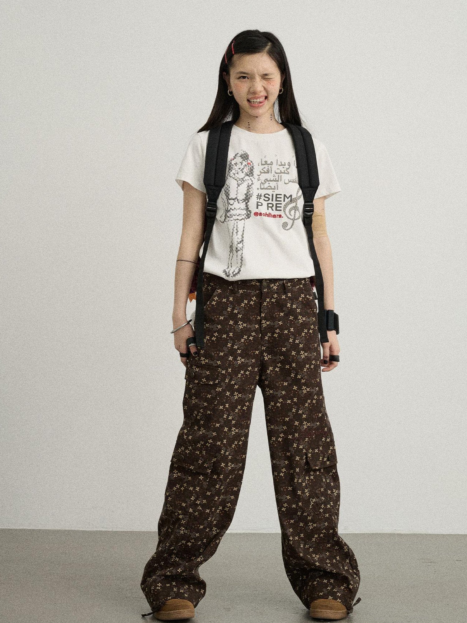 Achihara Chocolate Floral Print Wide Leg Trousers With Adjustable Hem