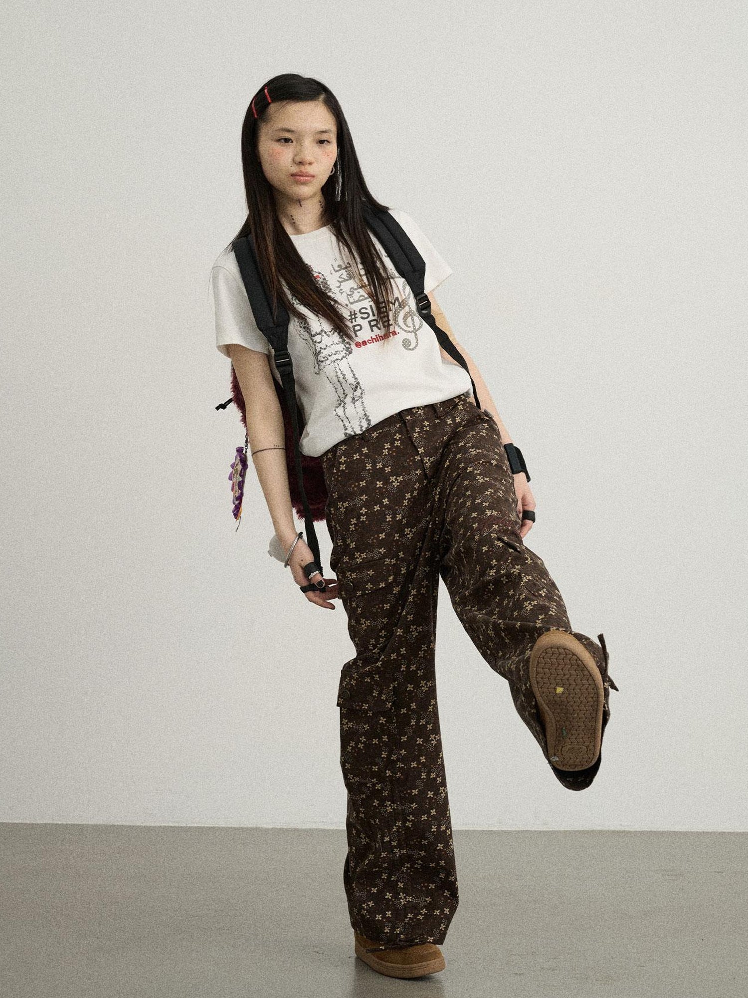 Achihara Chocolate Floral Print Wide Leg Trousers With Adjustable Hem