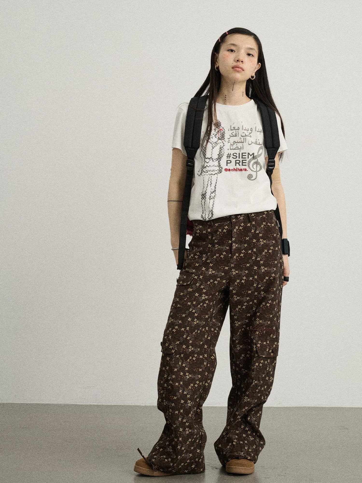 Achihara Chocolate Floral Print Wide Leg Trousers With Adjustable Hem