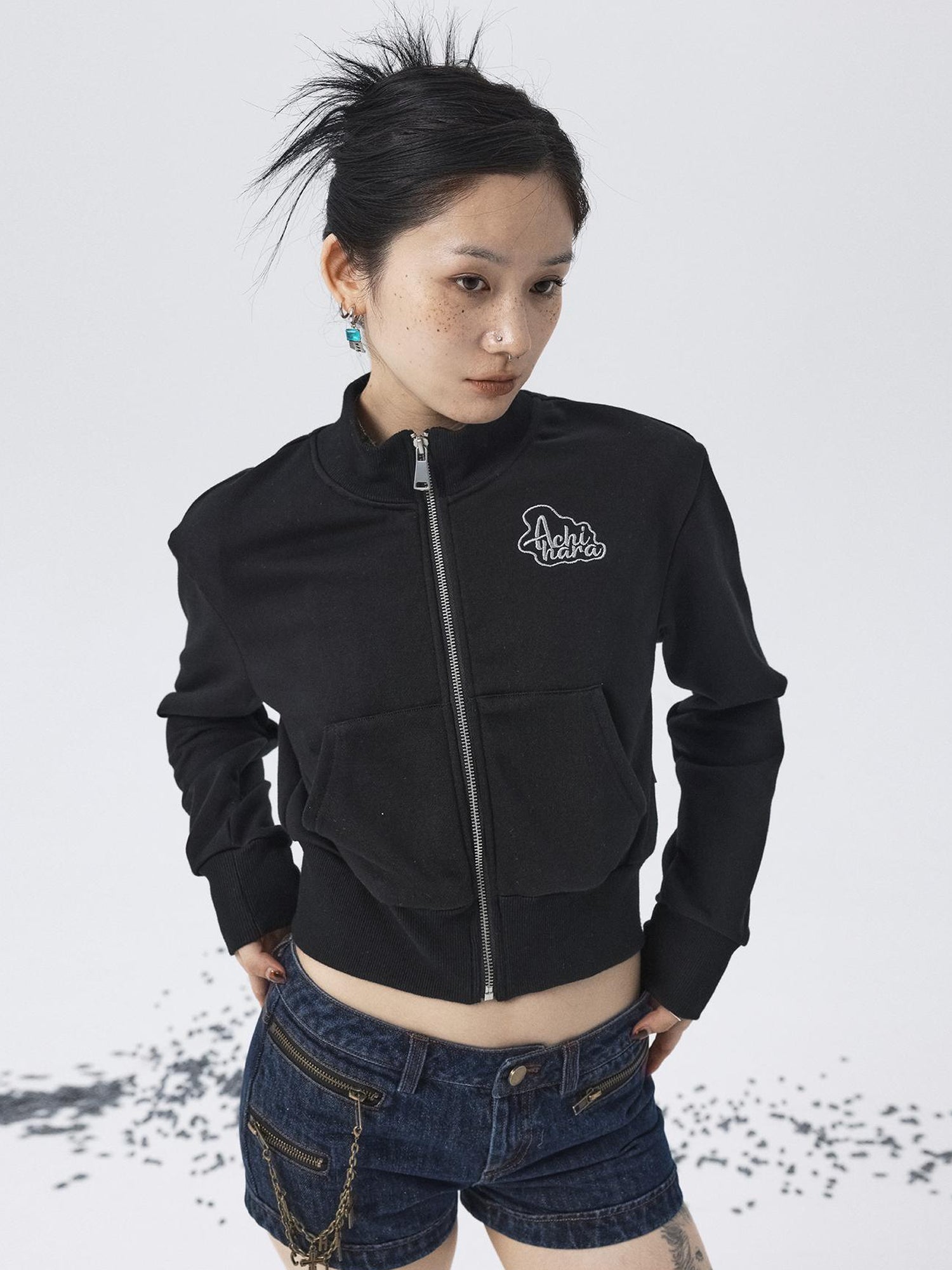 Achihara Church Kiss Embroidered Cropped Hooded Jacket