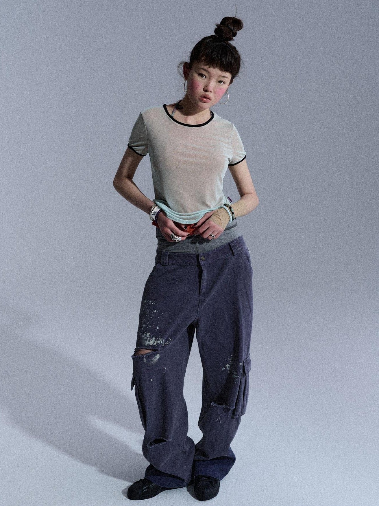 Achihara Colorblock Double Layer Mesh Asymmetrical Slim Women&