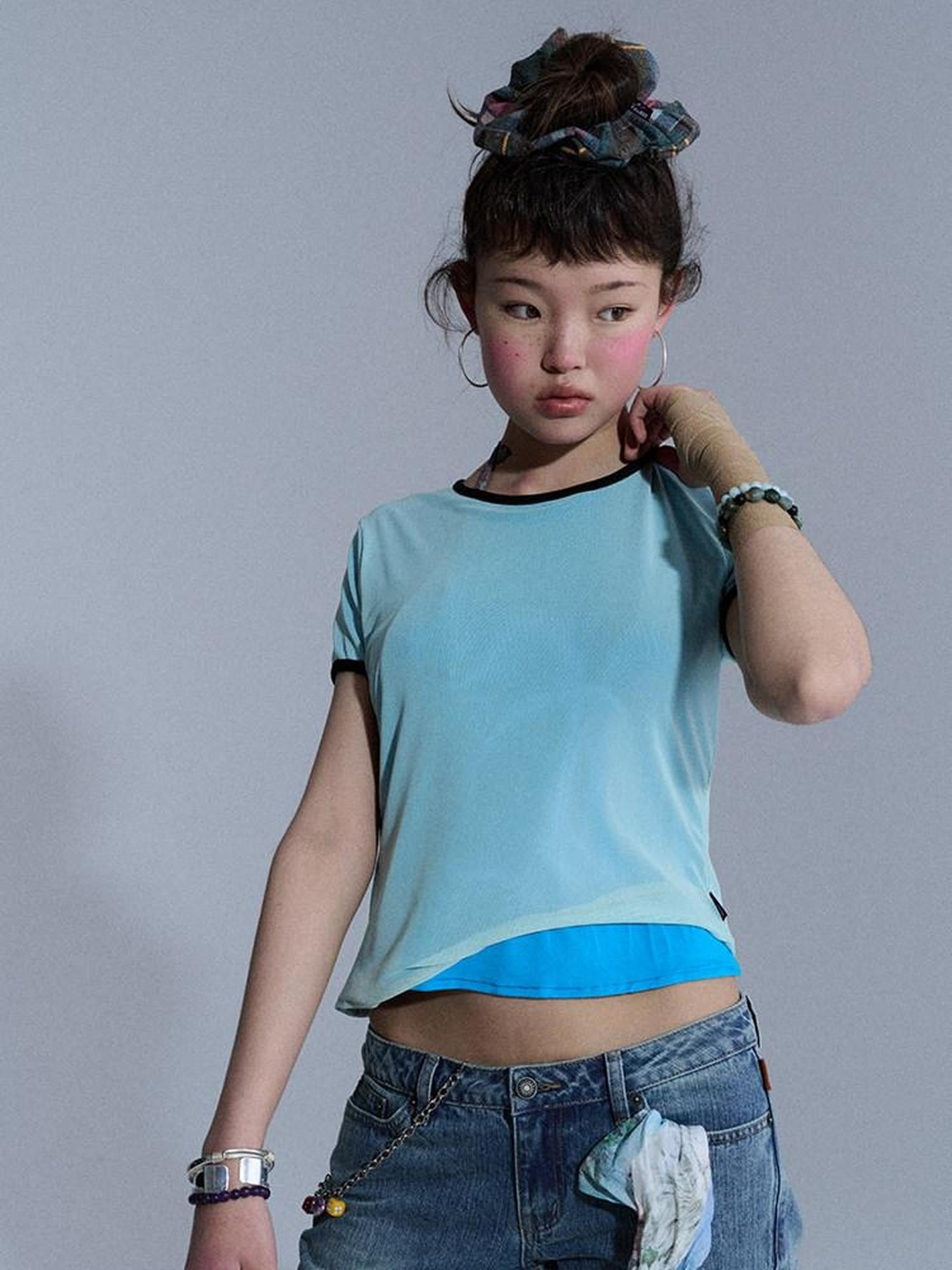 Achihara Colorblock Double Layer Mesh Asymmetrical Slim Women&