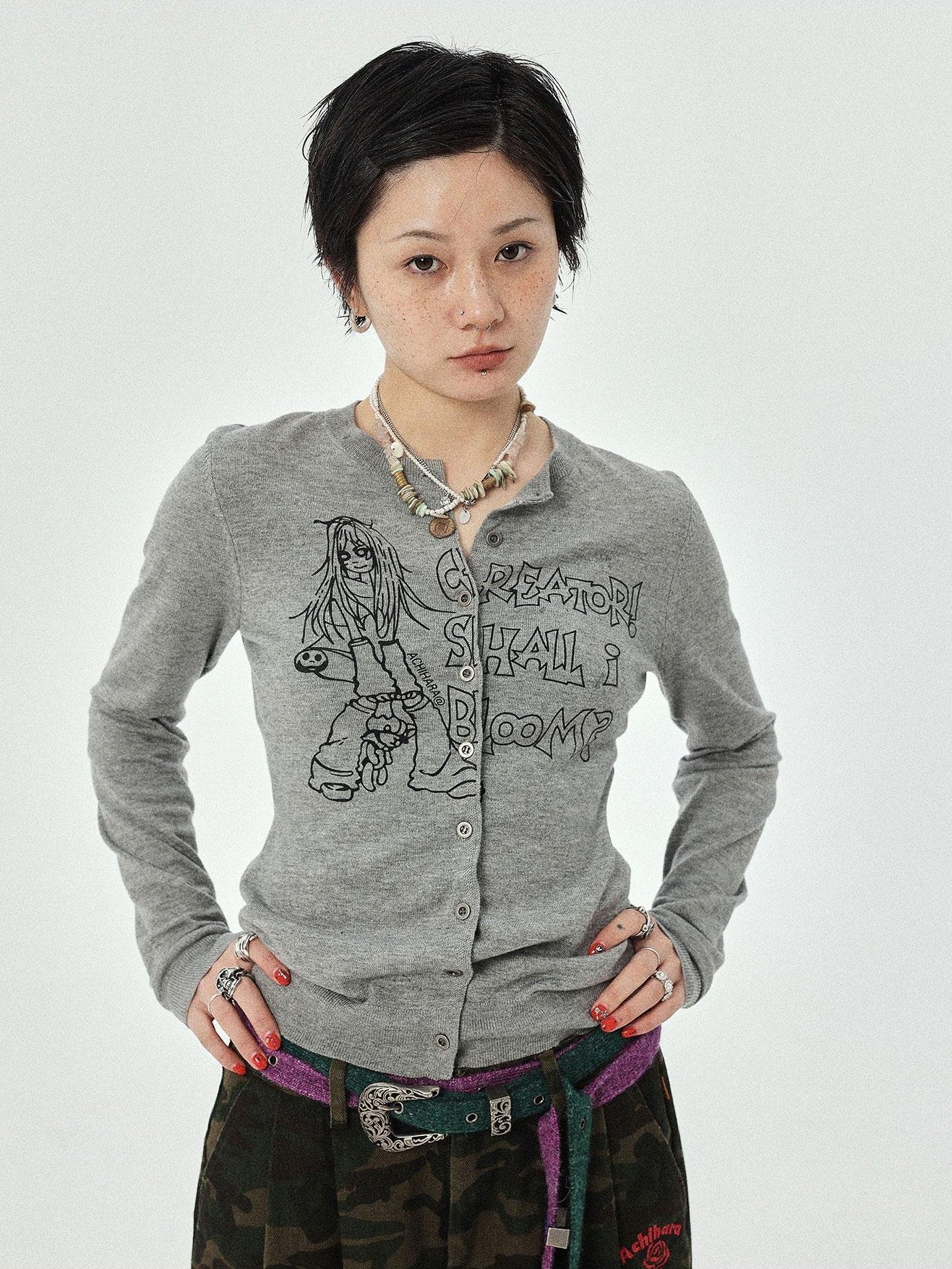 Achihara Cropped Manga Print Round Neck Loose Fit Women&