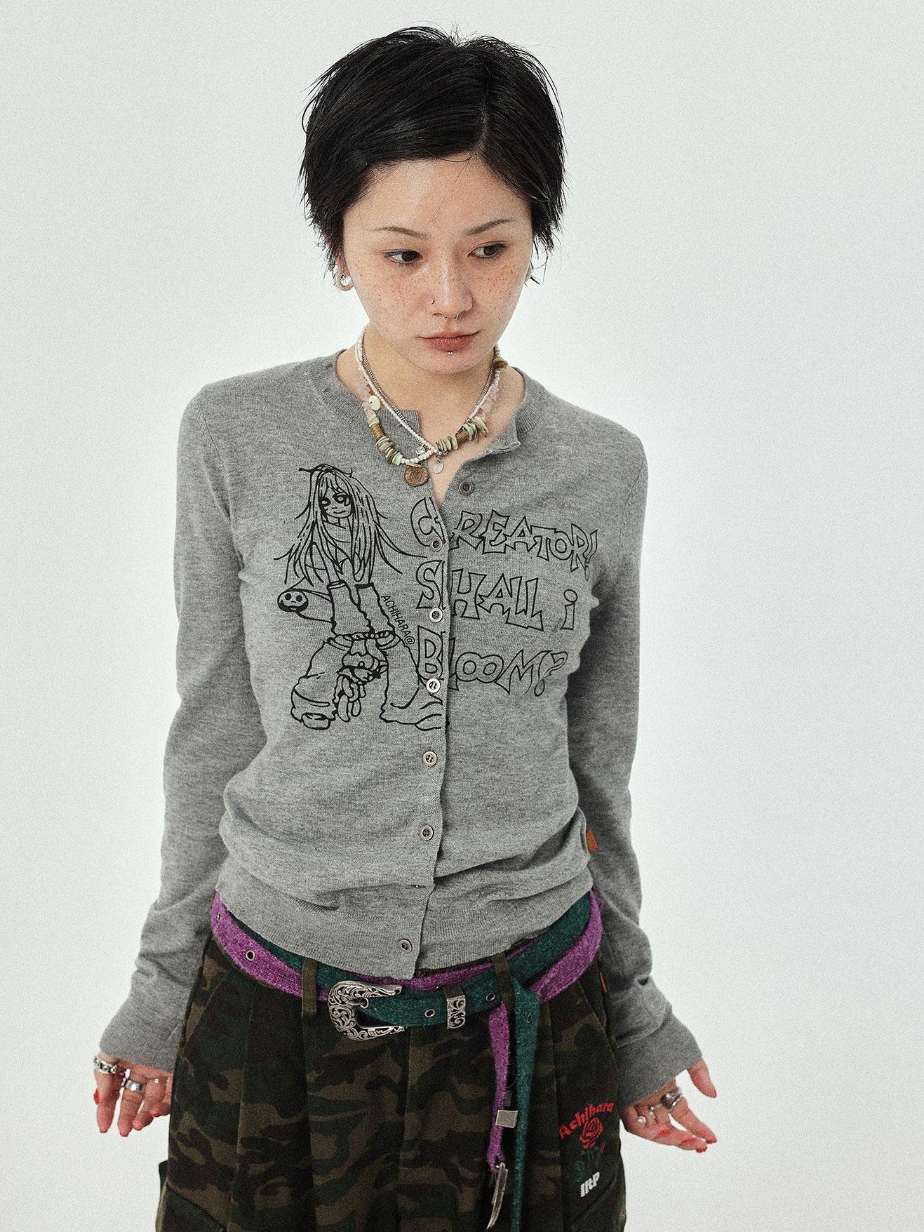 Achihara Cropped Manga Print Round Neck Loose Fit Women&