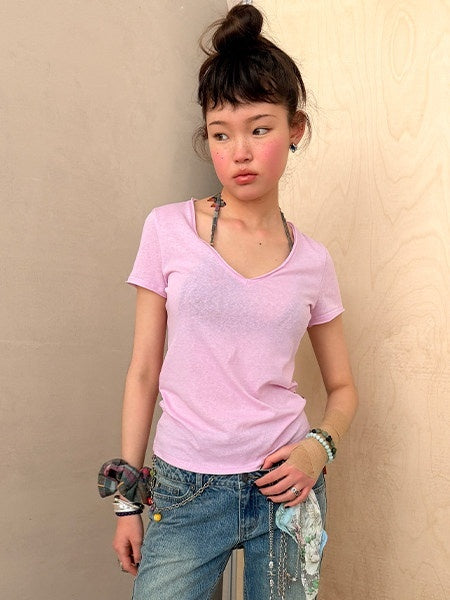 Achihara_Cropped_Raw_Hem_V-neck_Slim_Fit_Women&