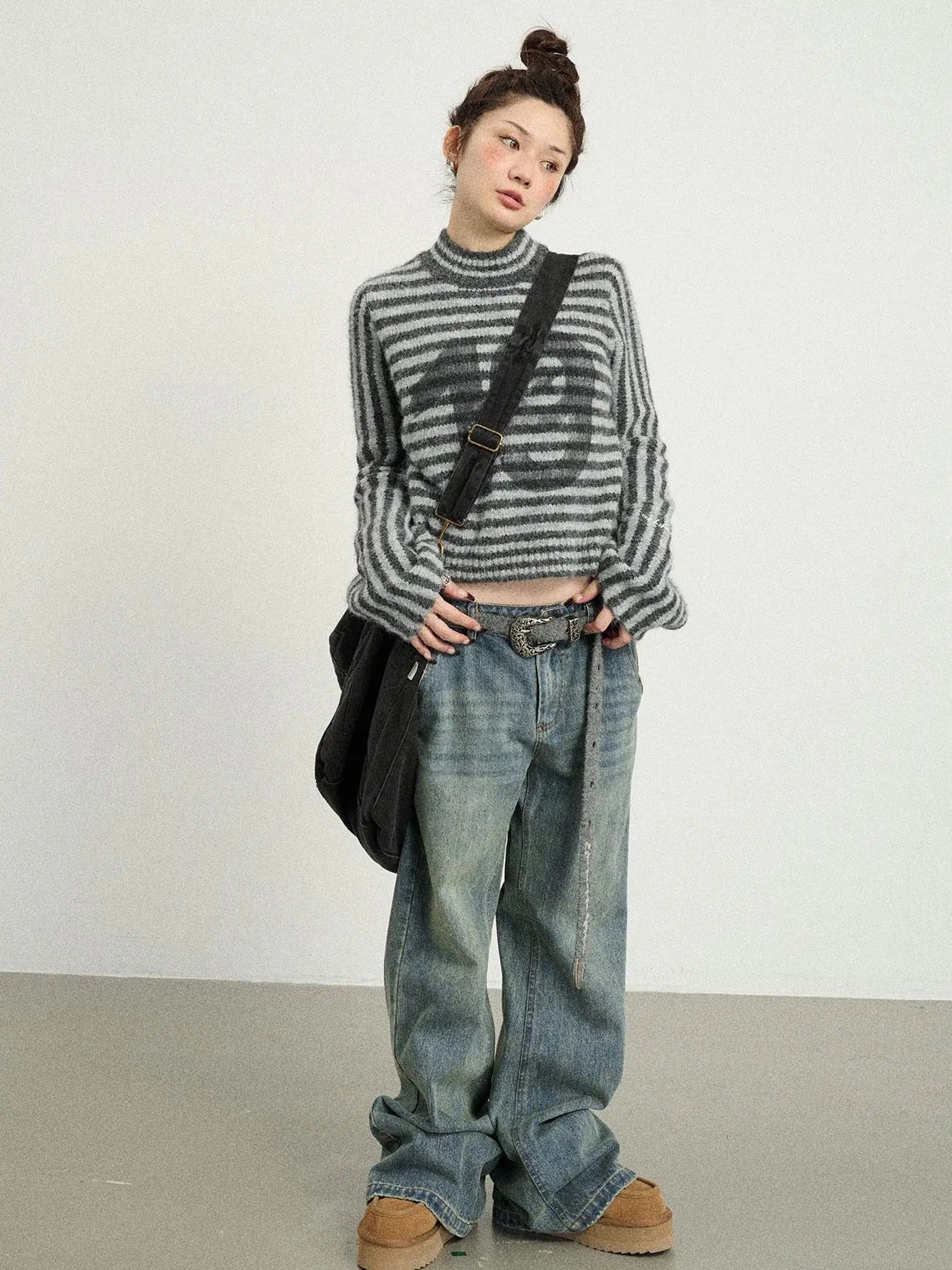 Dadaist Stripe Knit Sweater V-Neck T-Shirt Long-Sleeve