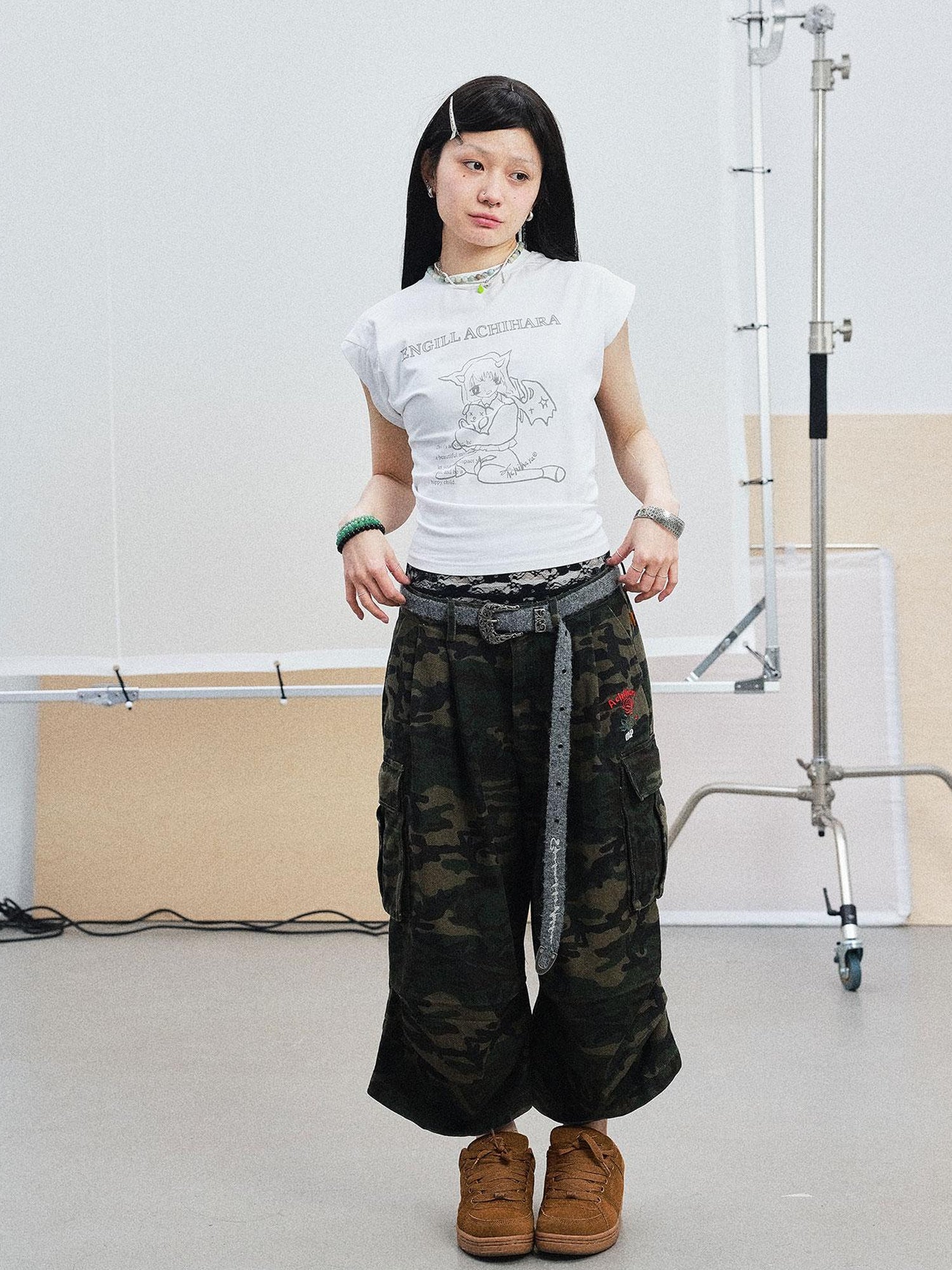 Achihara Demon Gacha Asymmetrical Tee V-Neck T-Shirt Long-Sleeve