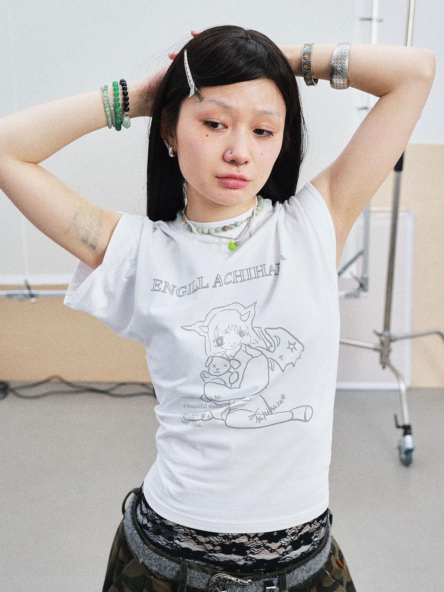 Achihara Demon Gacha Asymmetrical Tee V-Neck T-Shirt Long-Sleeve