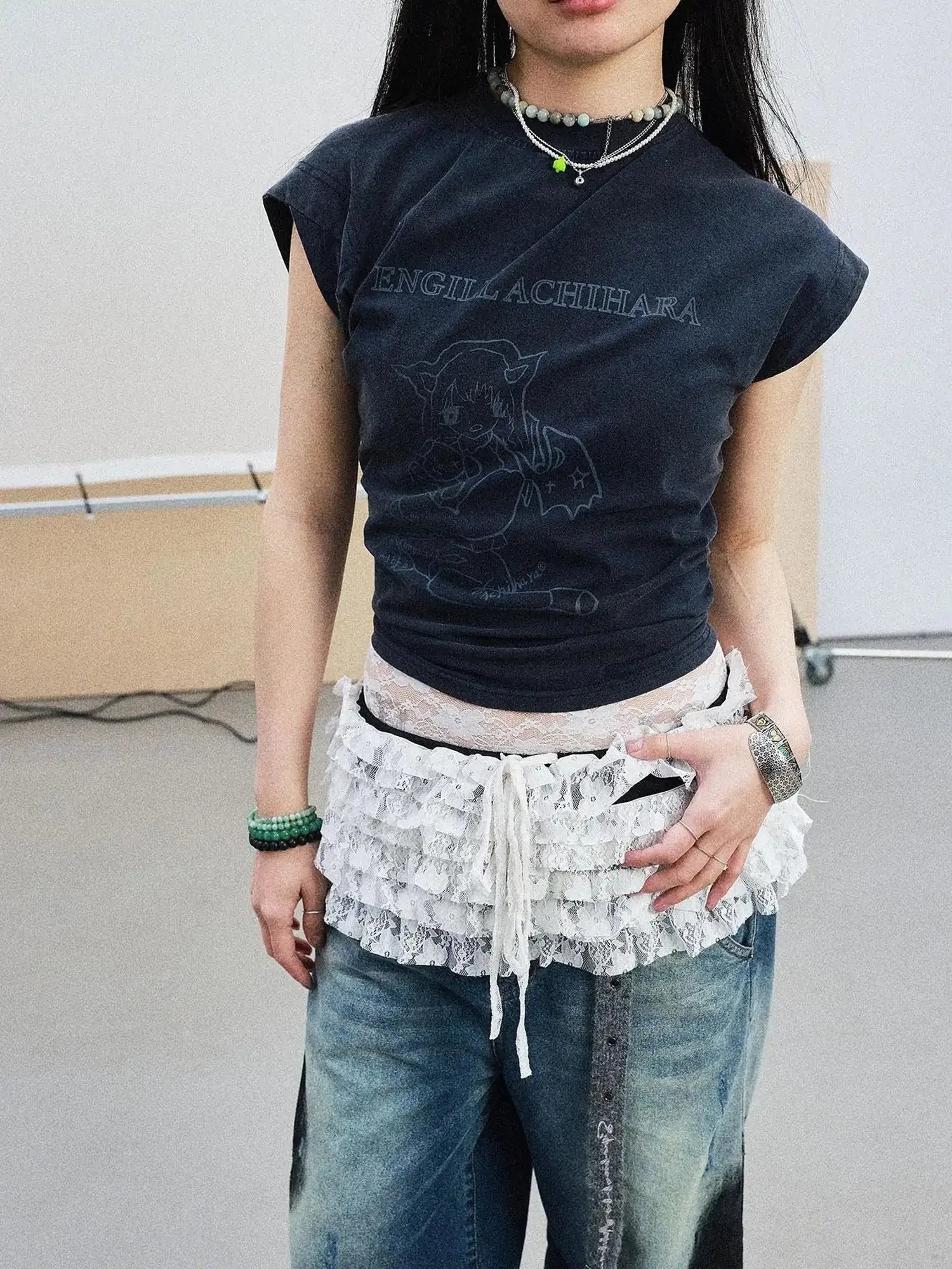 Demon Gacha Asymmetrical Tee V-Neck T-Shirt Long-Sleeve