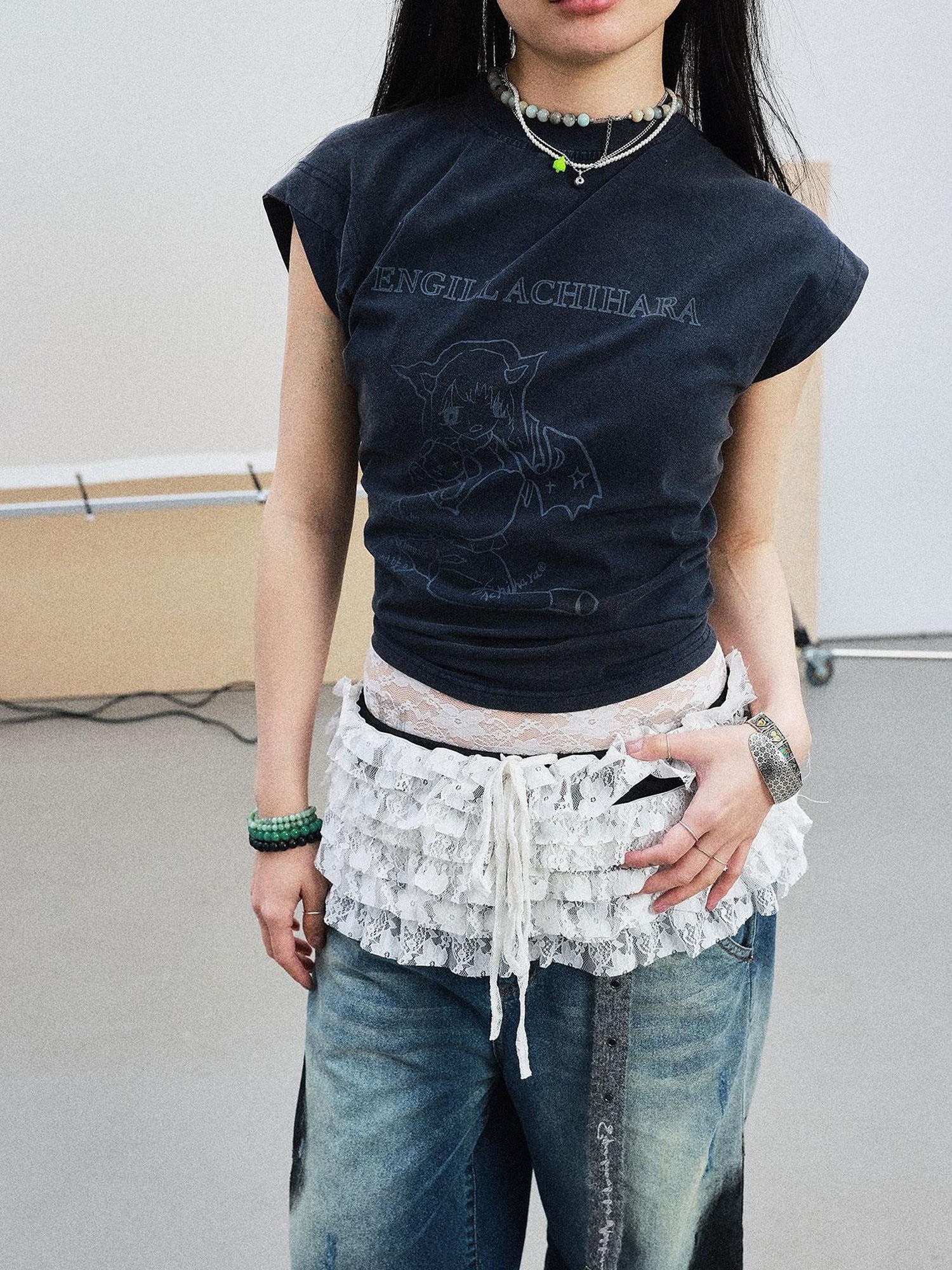 Achihara Demon Gacha Asymmetrical Tee V-Neck T-Shirt Long-Sleeve