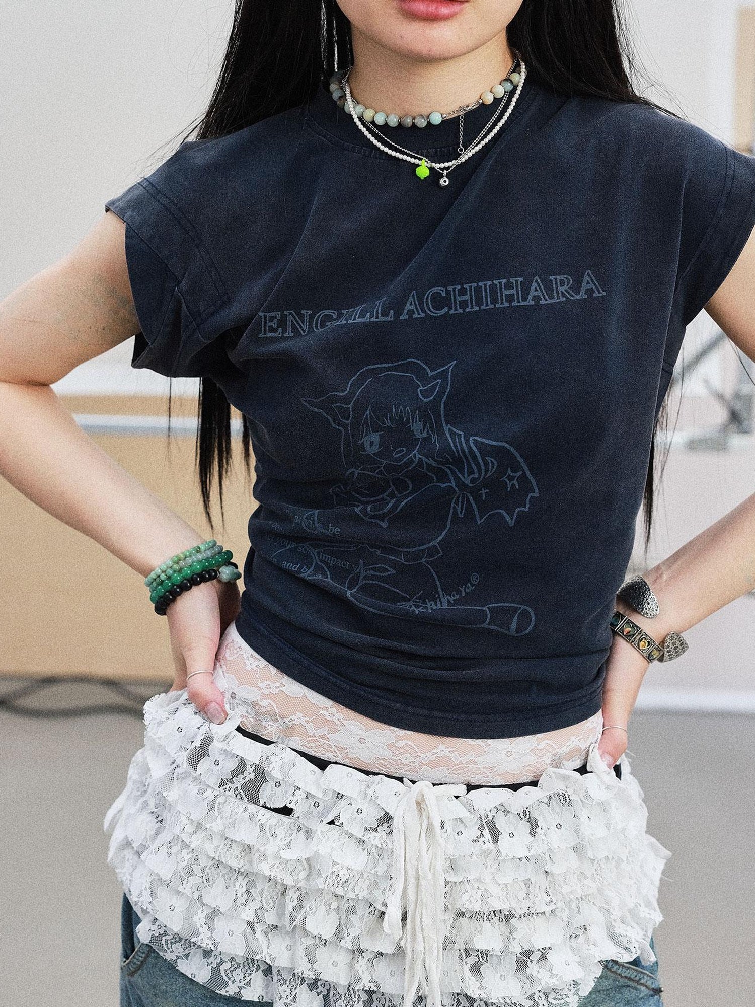 Achihara Demon Gacha Asymmetrical Tee V-Neck T-Shirt Long-Sleeve