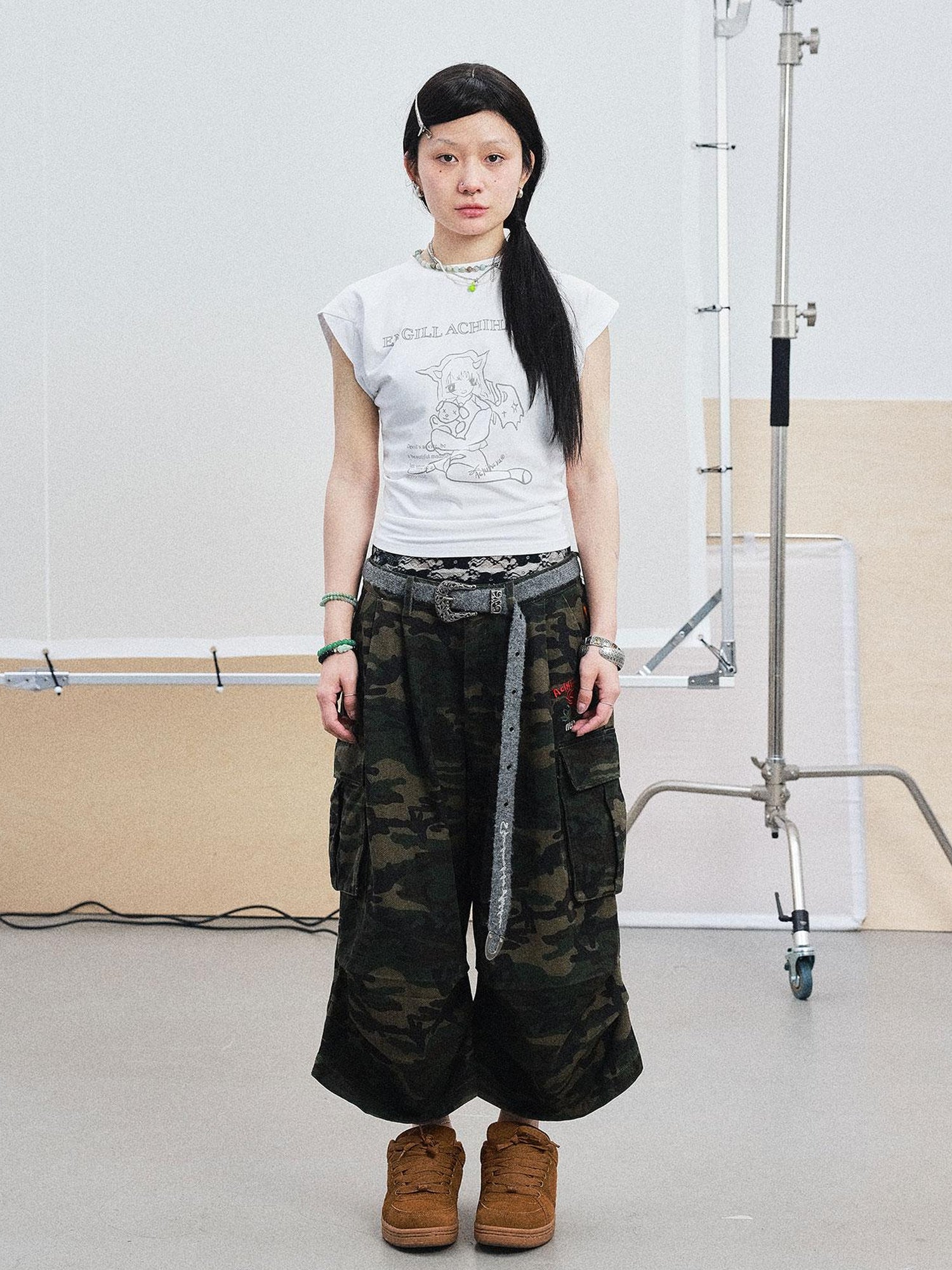 Achihara Demon Gacha Asymmetrical Tee V-Neck T-Shirt Long-Sleeve