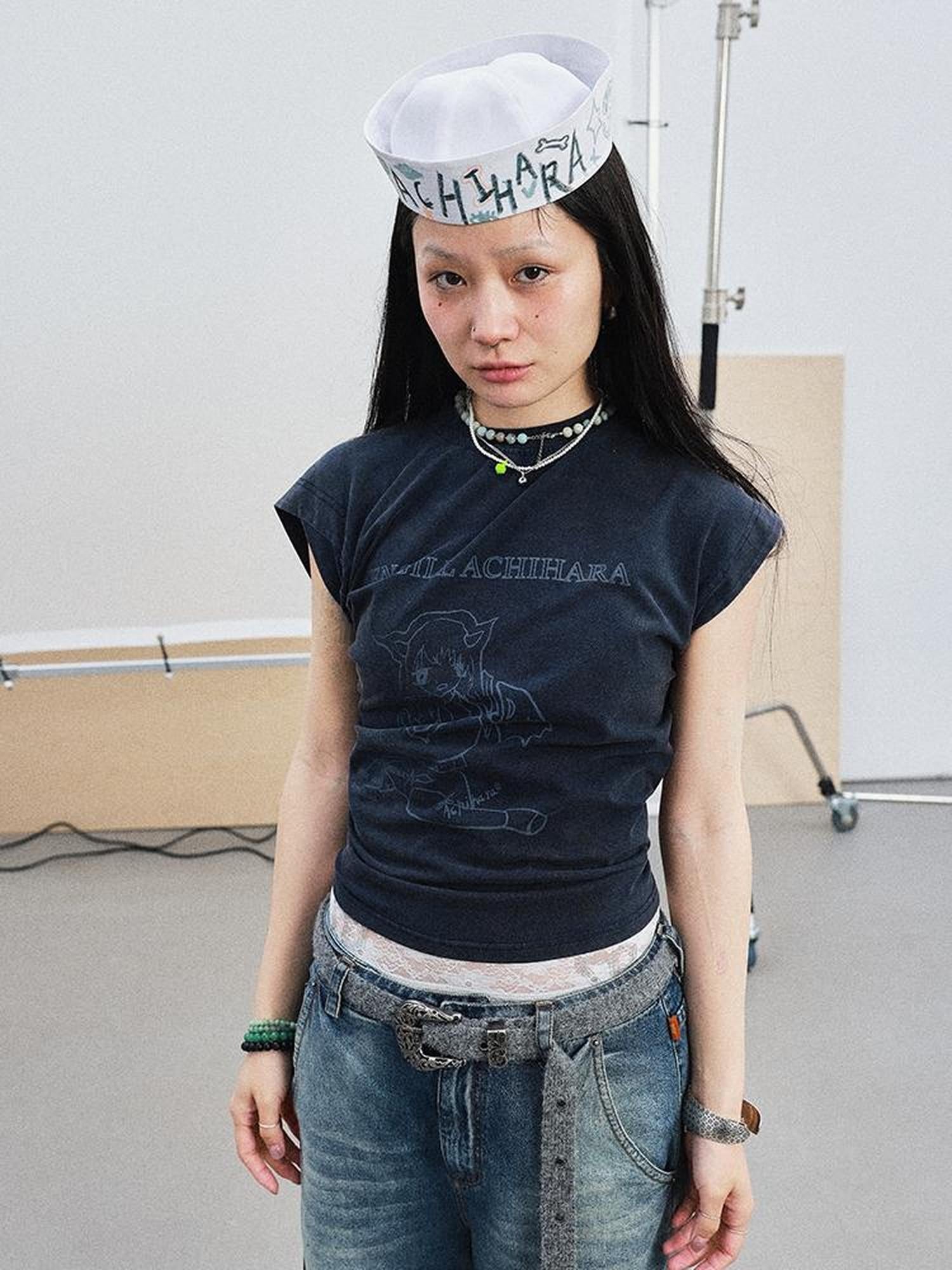 Achihara Demon Gacha Asymmetrical Tee V-Neck T-Shirt Long-Sleeve