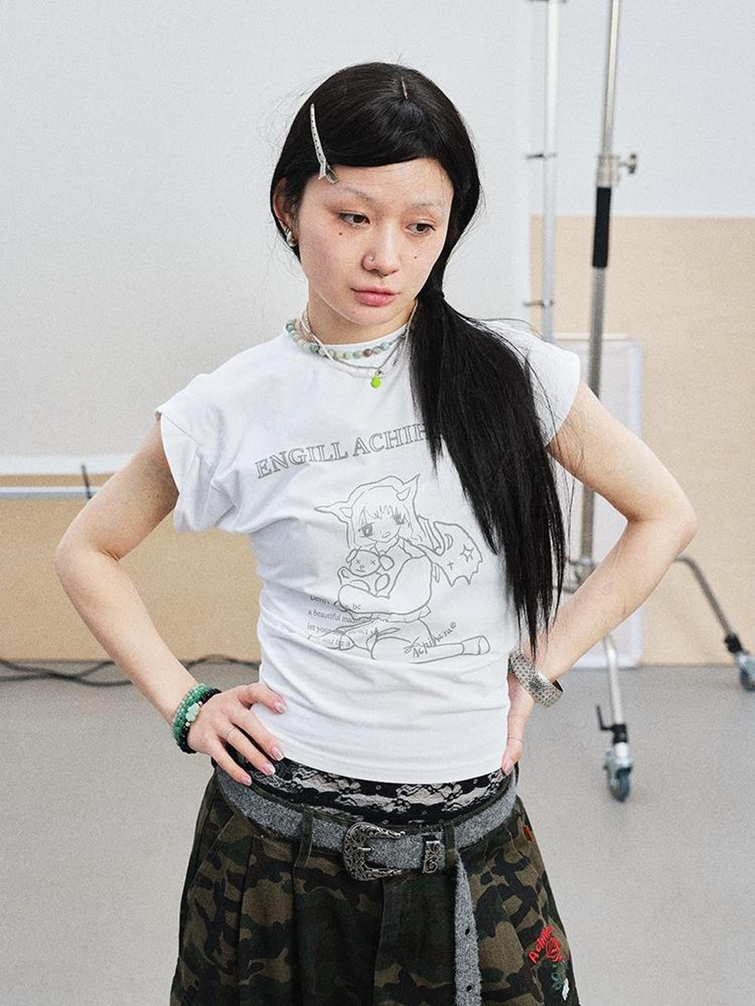 Achihara Demon Gacha Asymmetrical Tee V-Neck T-Shirt Long-Sleeve