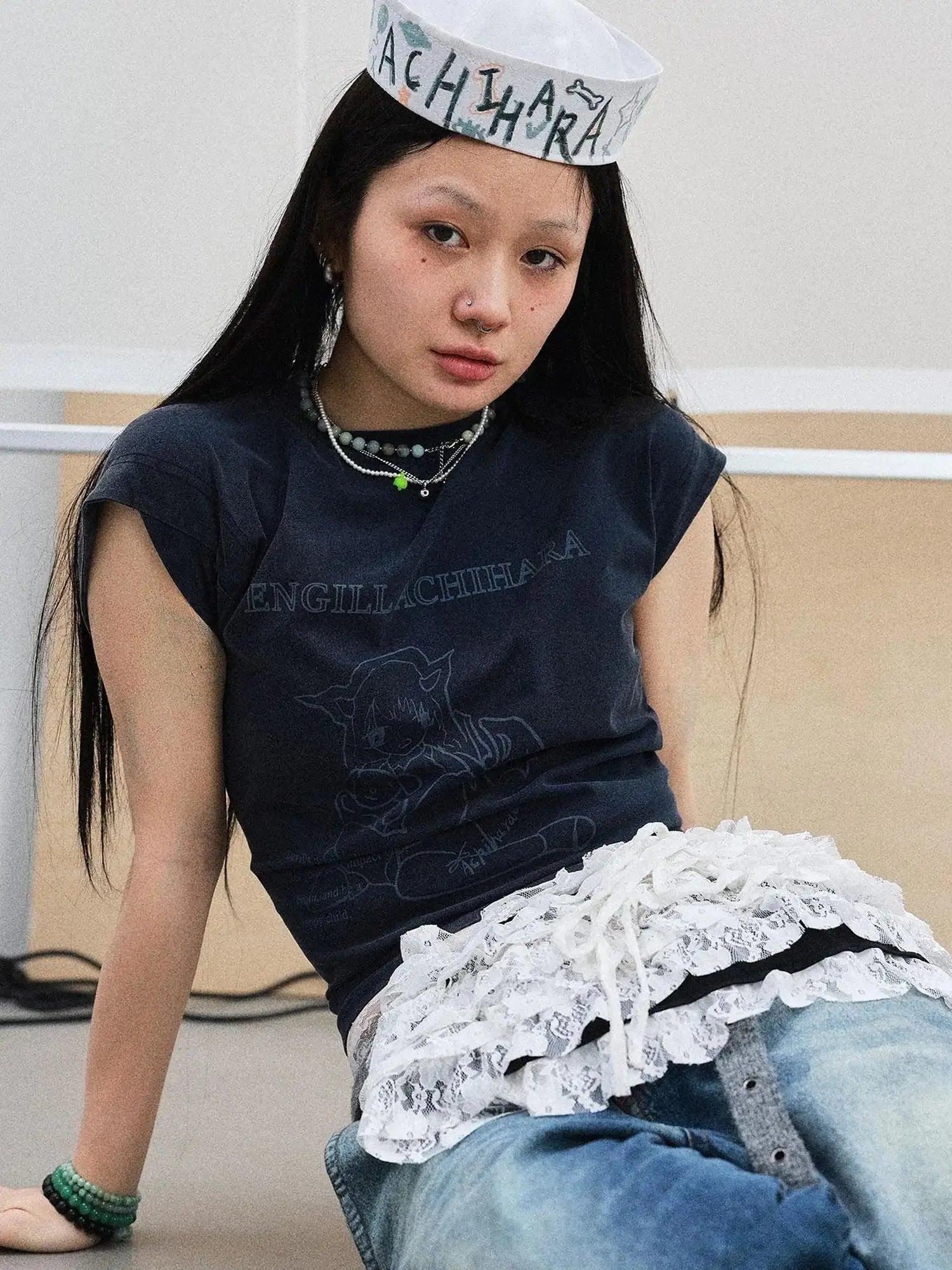 Demon Gacha Asymmetrical Tee V-Neck T-Shirt Long-Sleeve