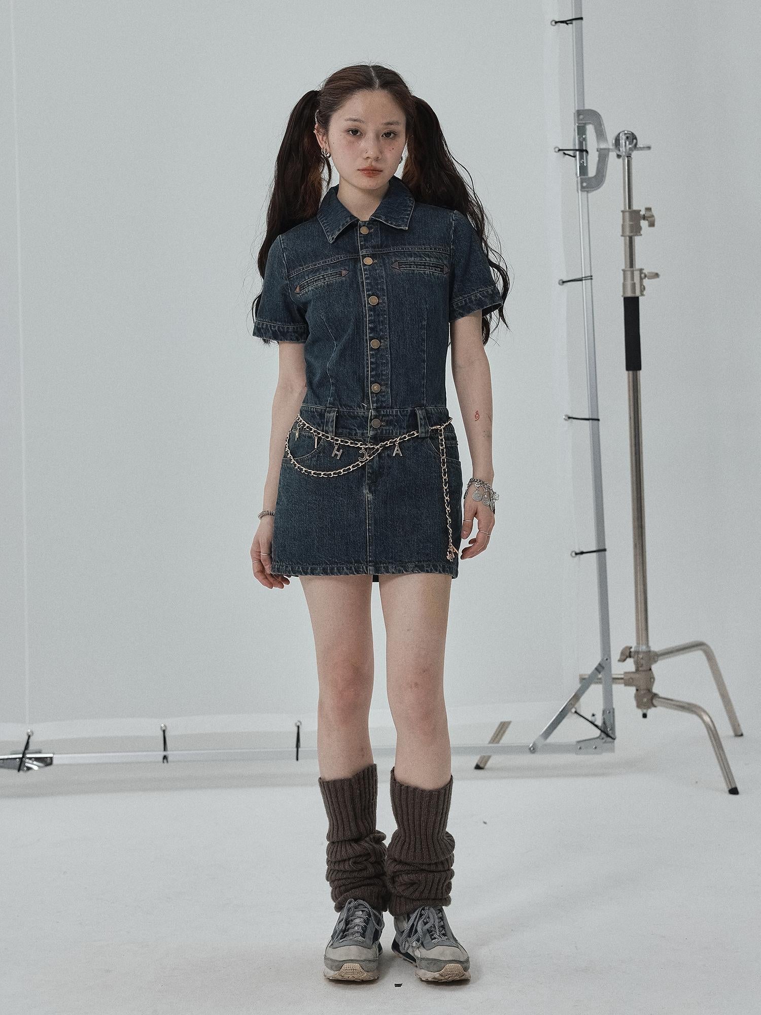 Achihara Denim Shirtdress With Short Sleeves