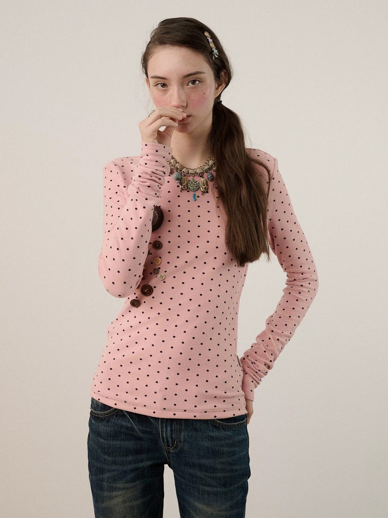 Achihara Derong Viscose Spandex Polka Dot Long Sleeve Straight Fit Women T-Shirt