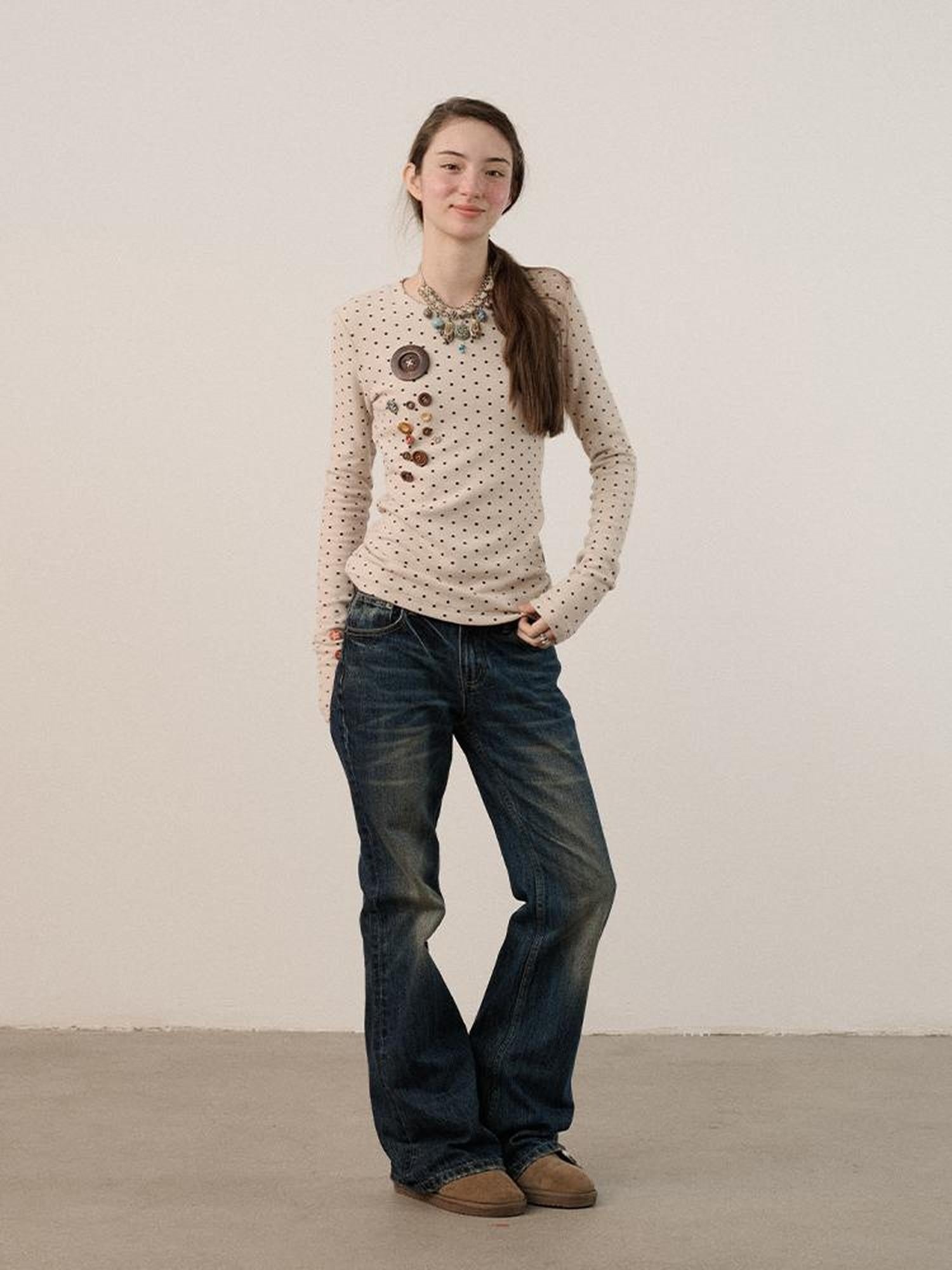 Achihara Derong Viscose Spandex Polka Dot Long Sleeve Straight Fit Women T-Shirt