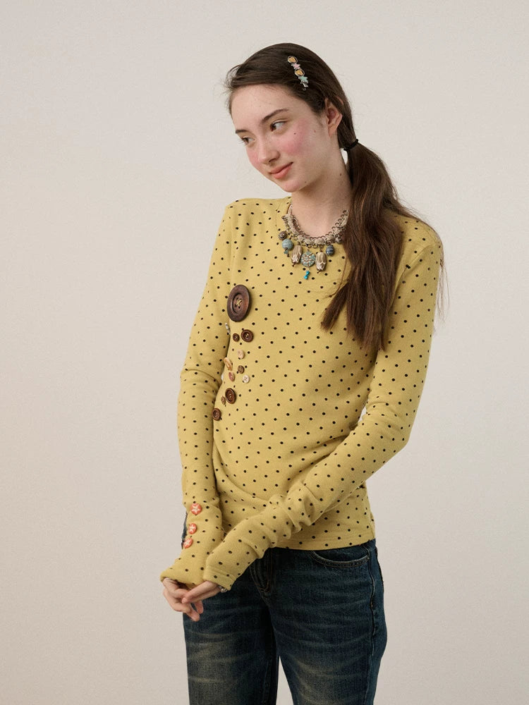 Achihara Derong Viscose Spandex Polka Dot Long Sleeve Straight Fit Women T-Shirt-4