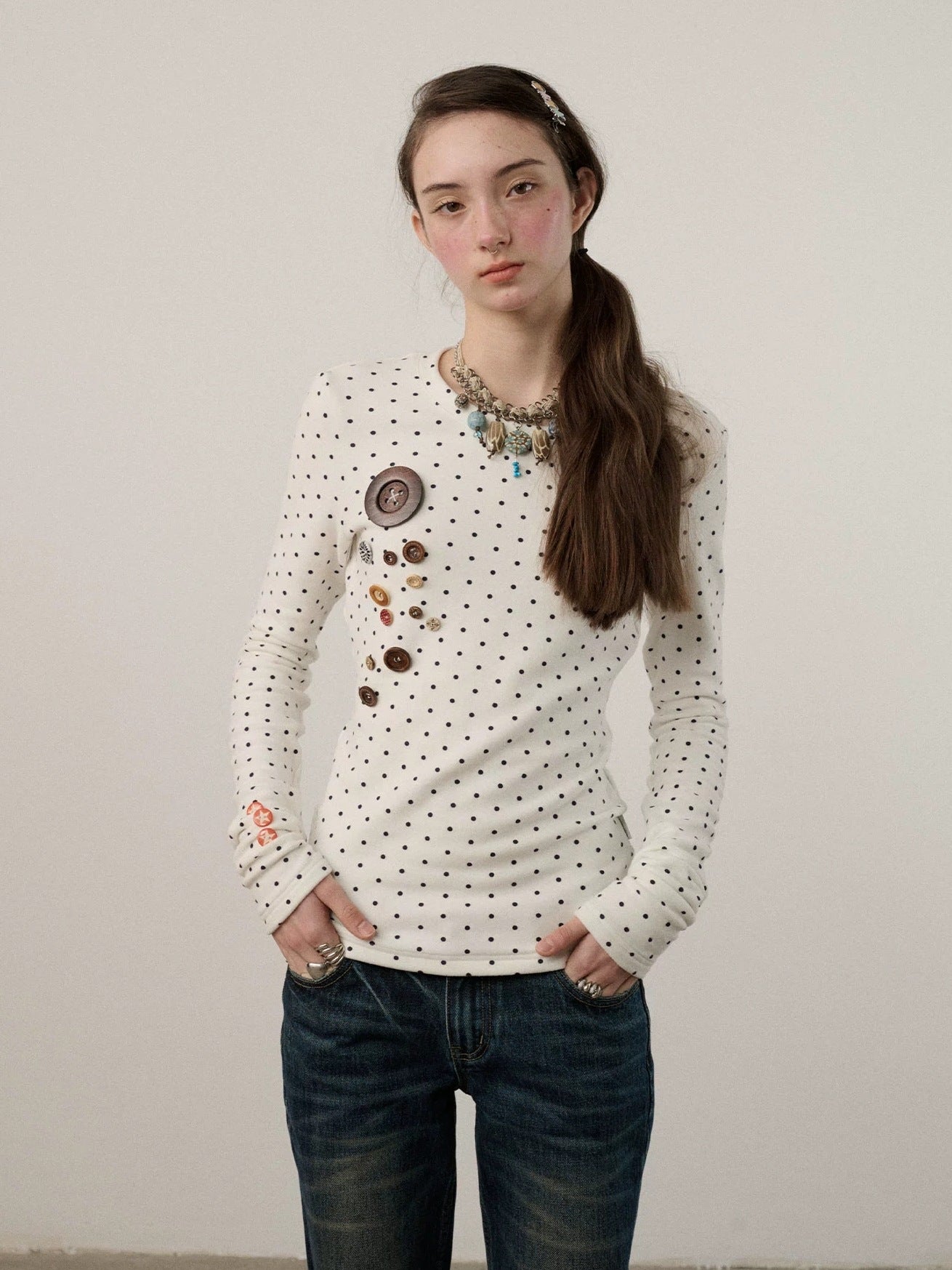 Achihara Derong Viscose Spandex Polka Dot Long Sleeve Straight Fit Women T-Shirt