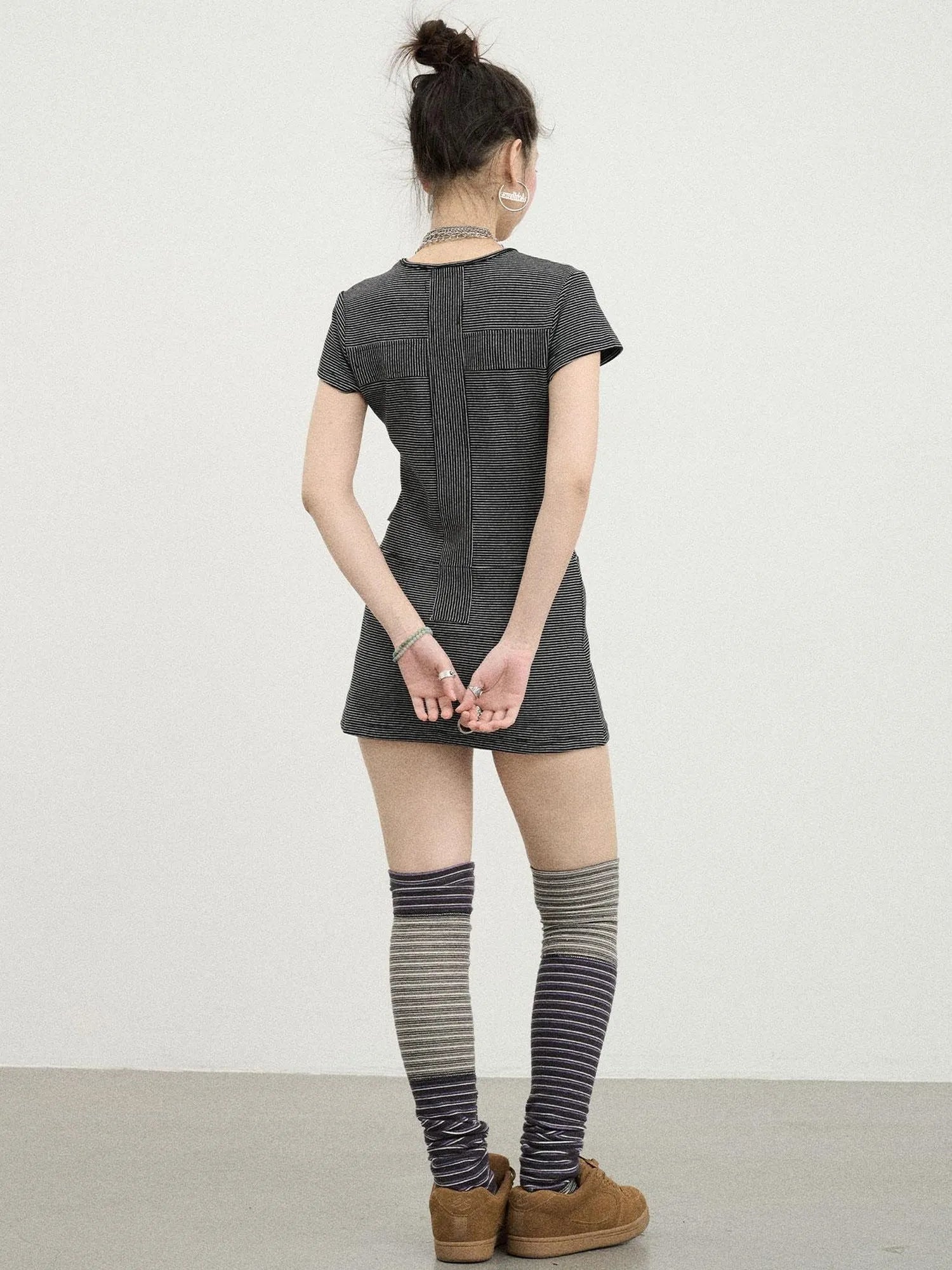 Distorted Pixel Stripe V Neck T Shirt Long Sleeve