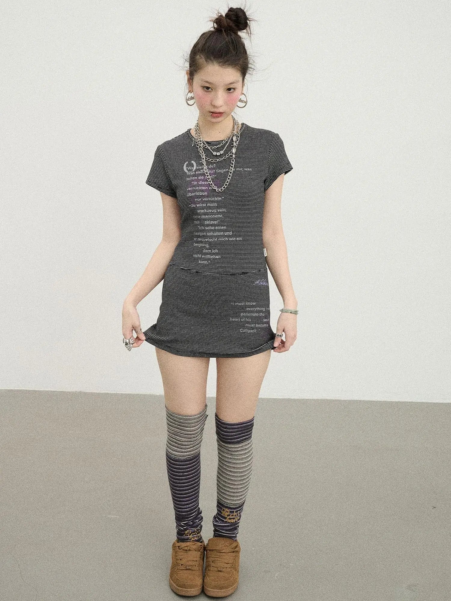 Distorted Pixel Stripe V Neck T Shirt Long Sleeve
