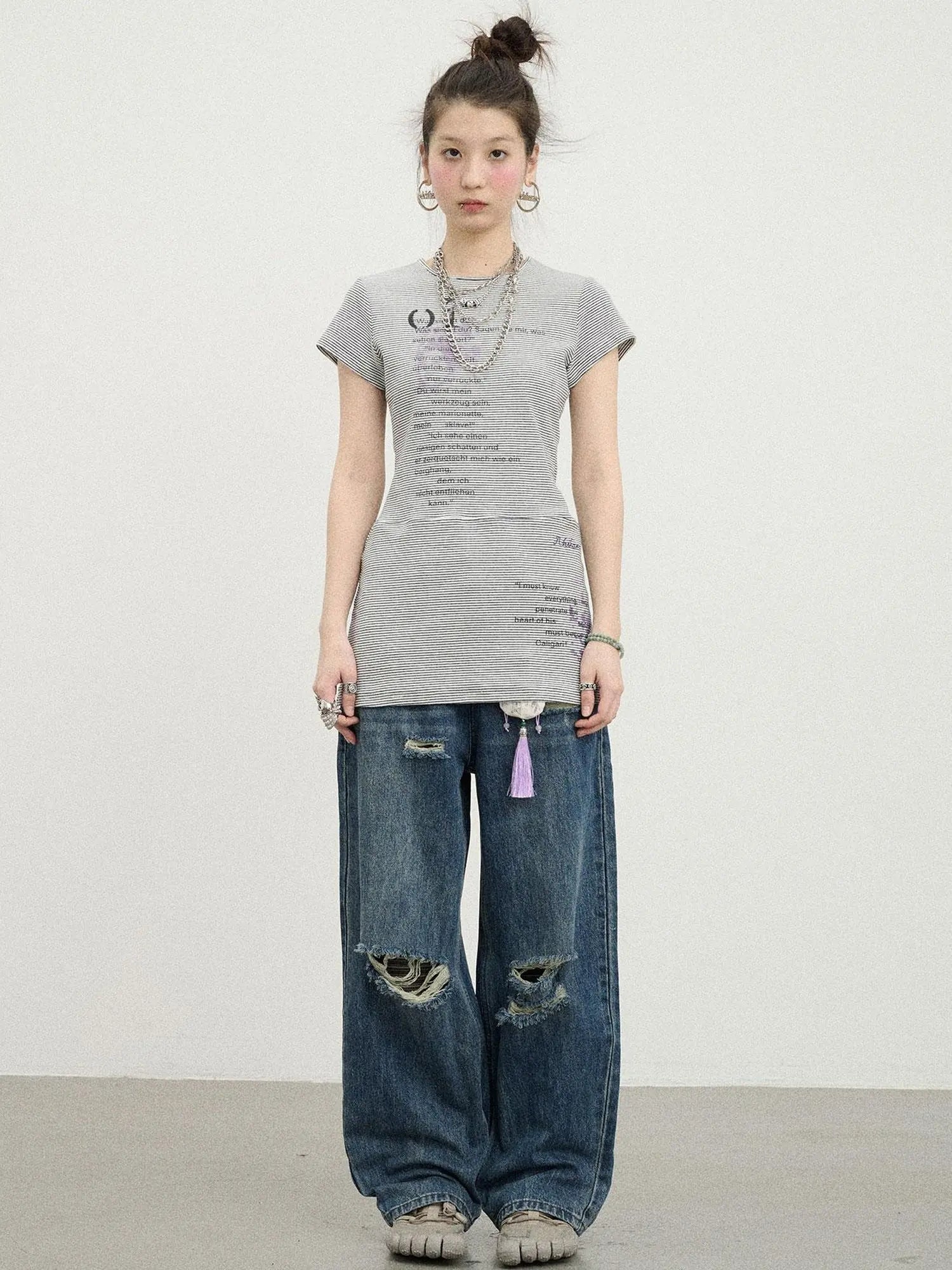 Distorted Pixel Stripe V Neck T Shirt Long Sleeve