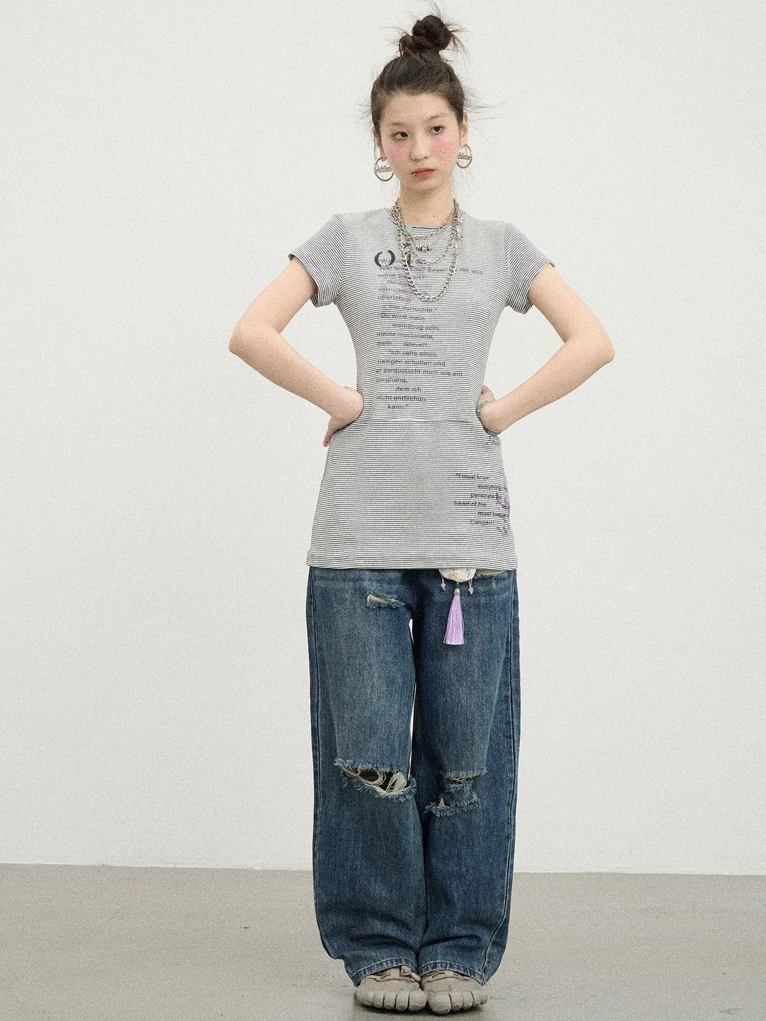 Distorted Pixel Stripe V Neck T Shirt Long Sleeve
