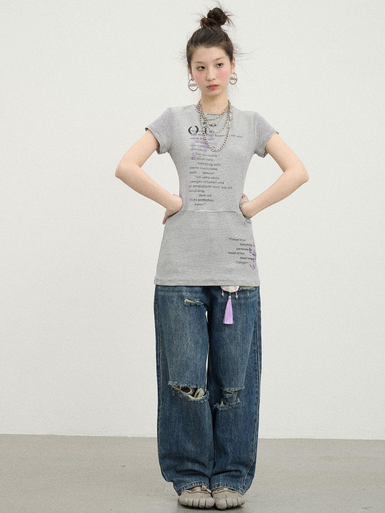Achihara Distorted Pixel Stripe V Neck T Shirt Long Sleeve