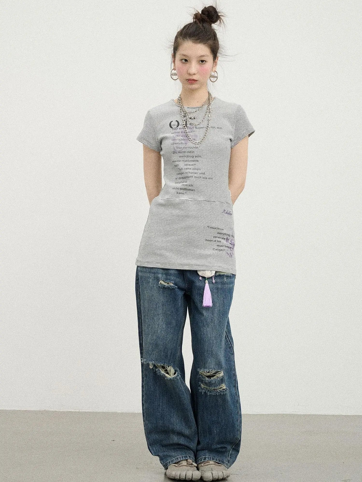 Distorted Pixel Stripe V Neck T Shirt Long Sleeve
