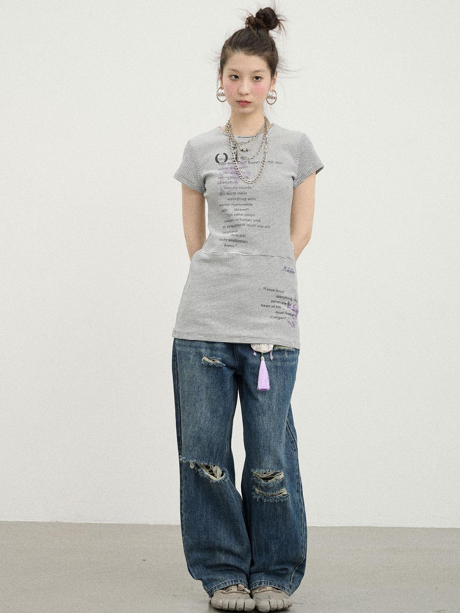 Achihara Distorted Pixel Stripe V Neck T Shirt Long Sleeve