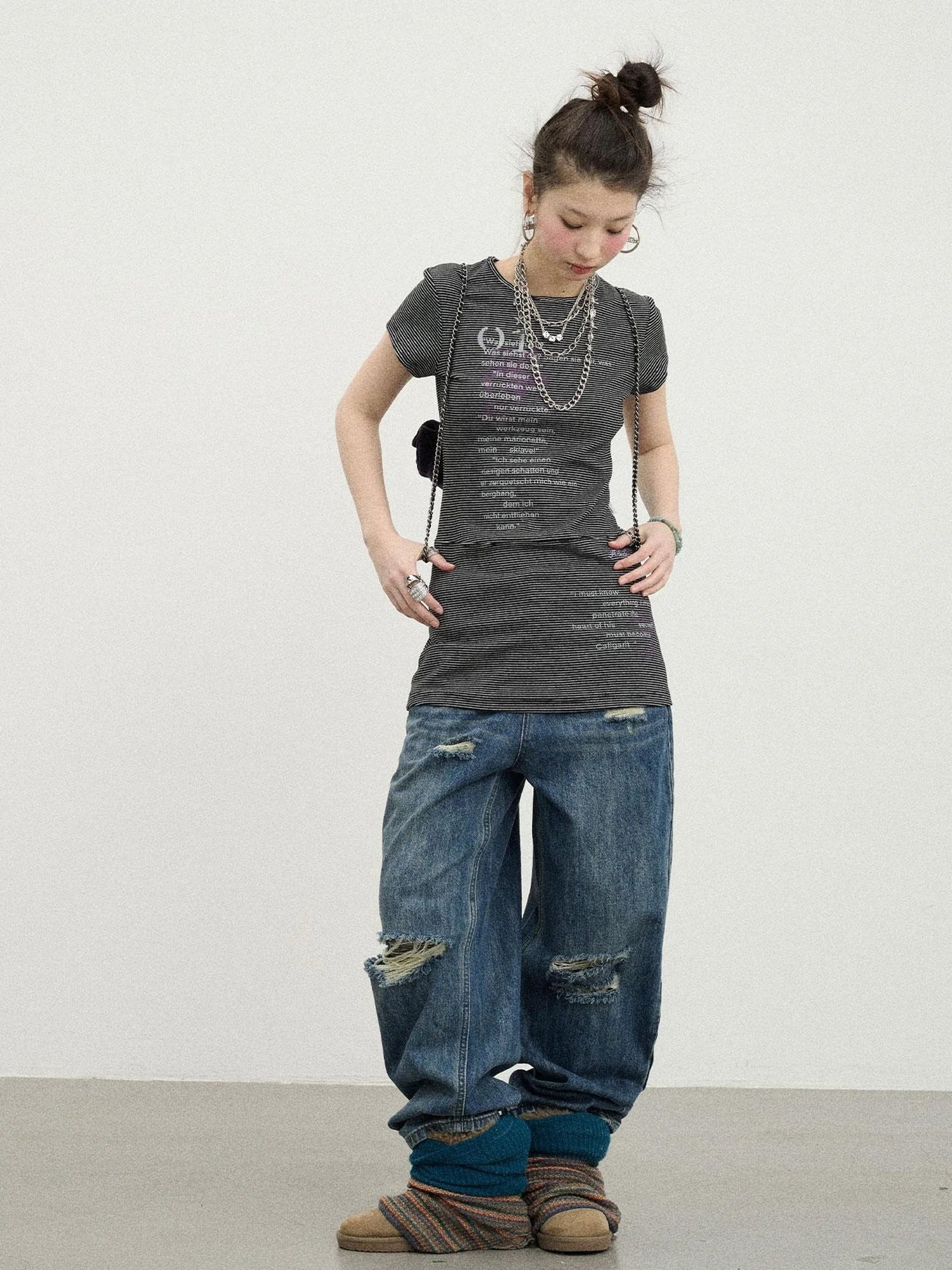 Distorted Pixel Stripe V Neck T Shirt Long Sleeve