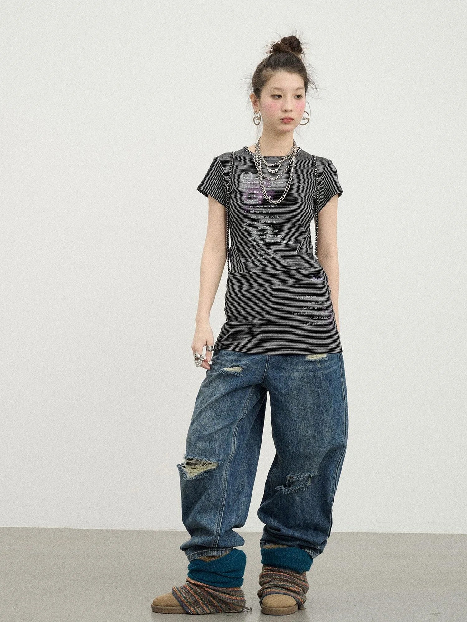 Distorted Pixel Stripe V Neck T Shirt Long Sleeve