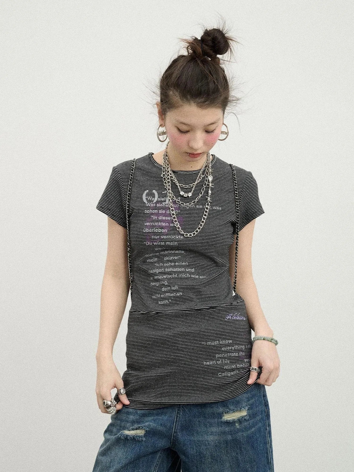 Distorted Pixel Stripe V Neck T Shirt Long Sleeve