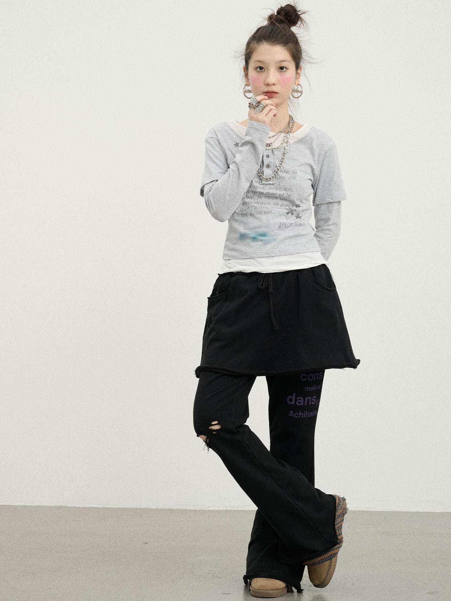 Achihara Distressed Love Letter Print Long Sleeve Tee