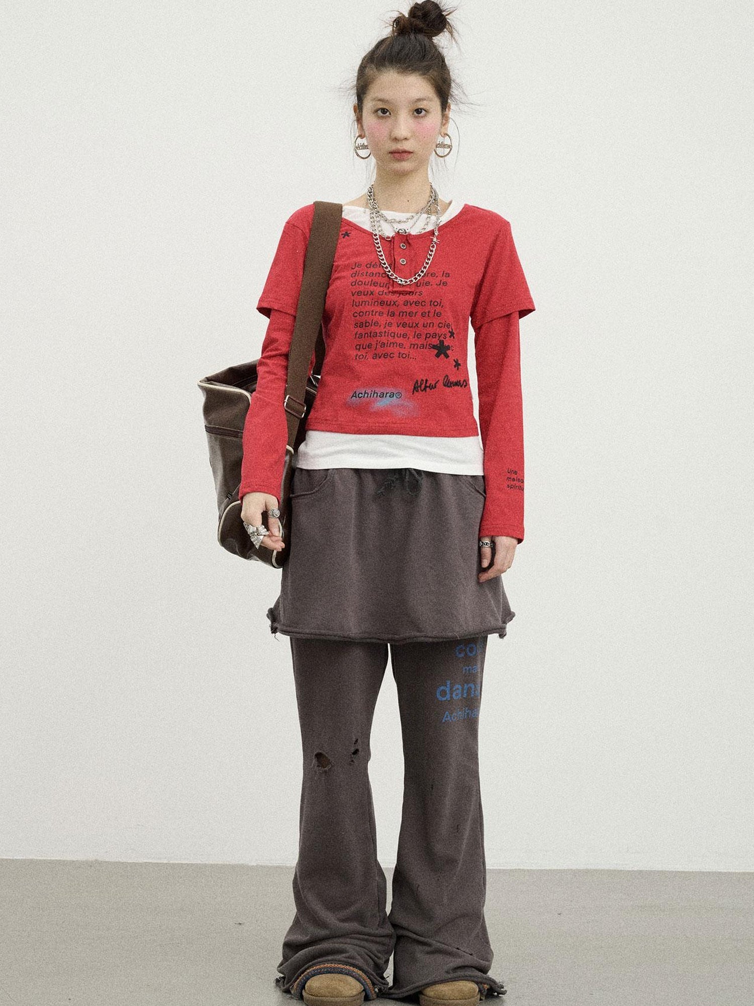 Achihara Distressed Love Letter Print Long Sleeve Tee